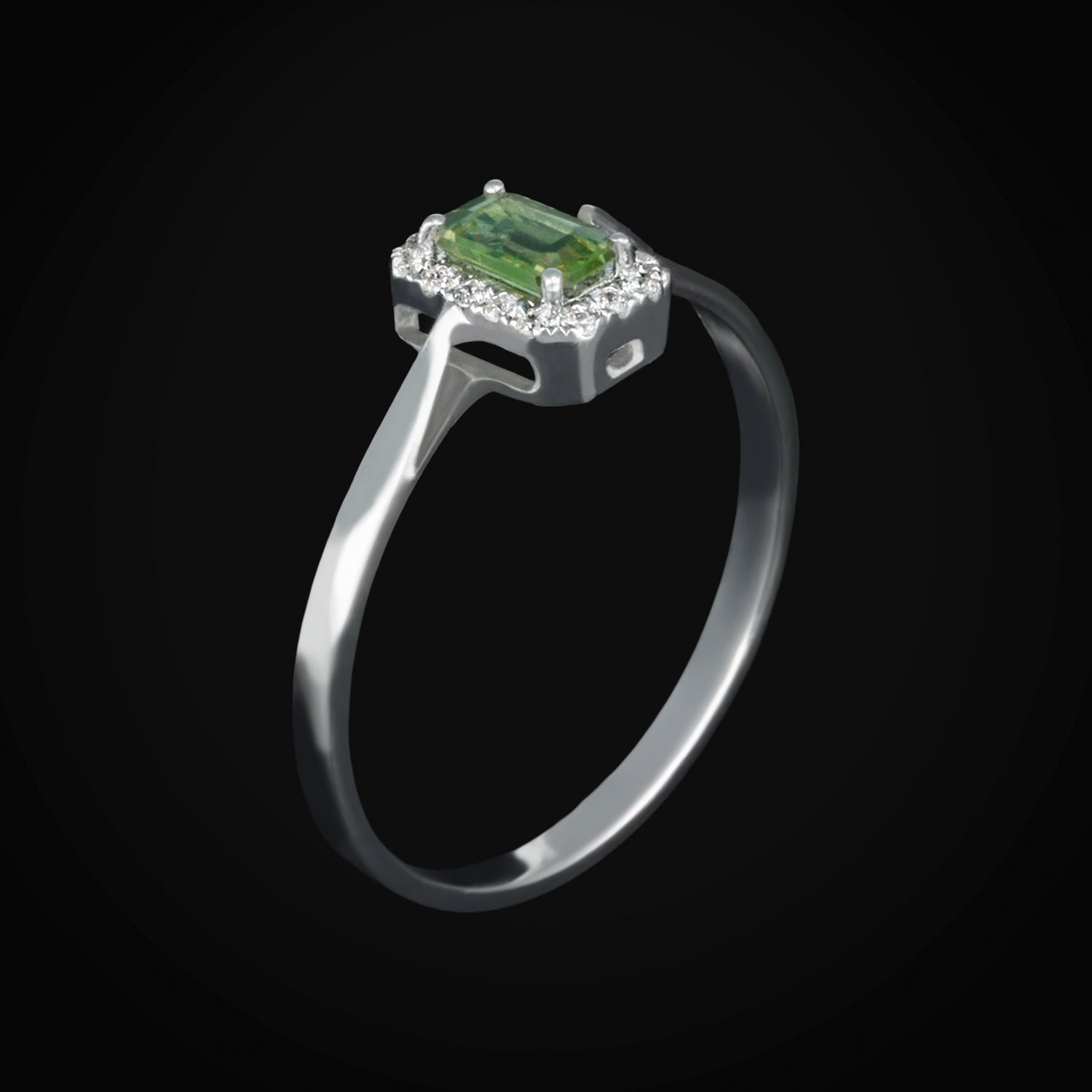 Anillo 14k Oro Blanco con Zafiro Verde Central y Diamantes Naturales + Estuche