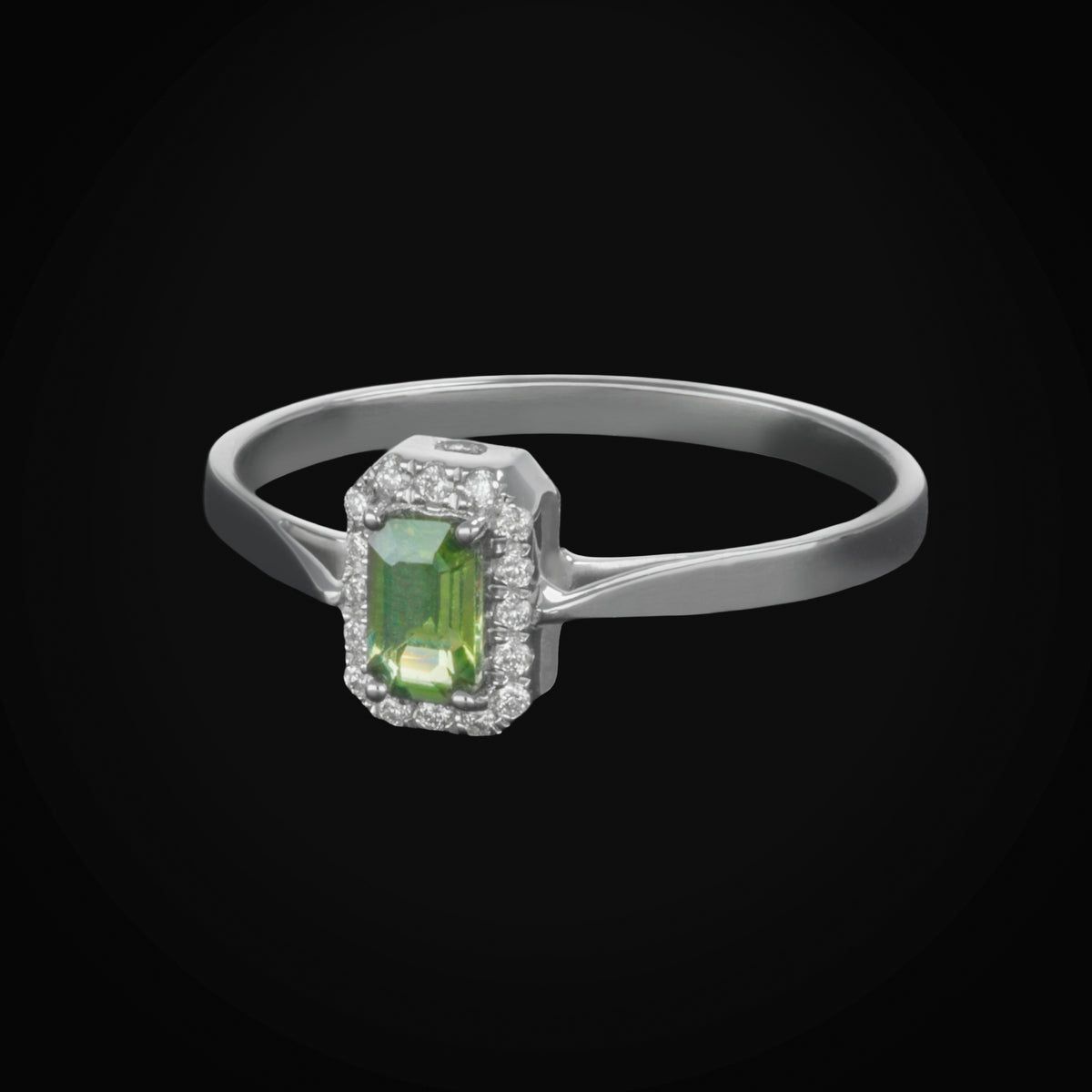 Anillo 14k Oro Blanco con Zafiro Verde Central y Diamantes Naturales + Estuche