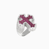 Anillo Cruz Oro Blanco 14k con Diamantes & Piedras Preciosas Rojas