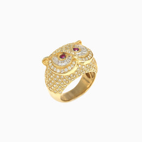 Anillo Figura Búho Oro Amarillo 10k con Diamantes