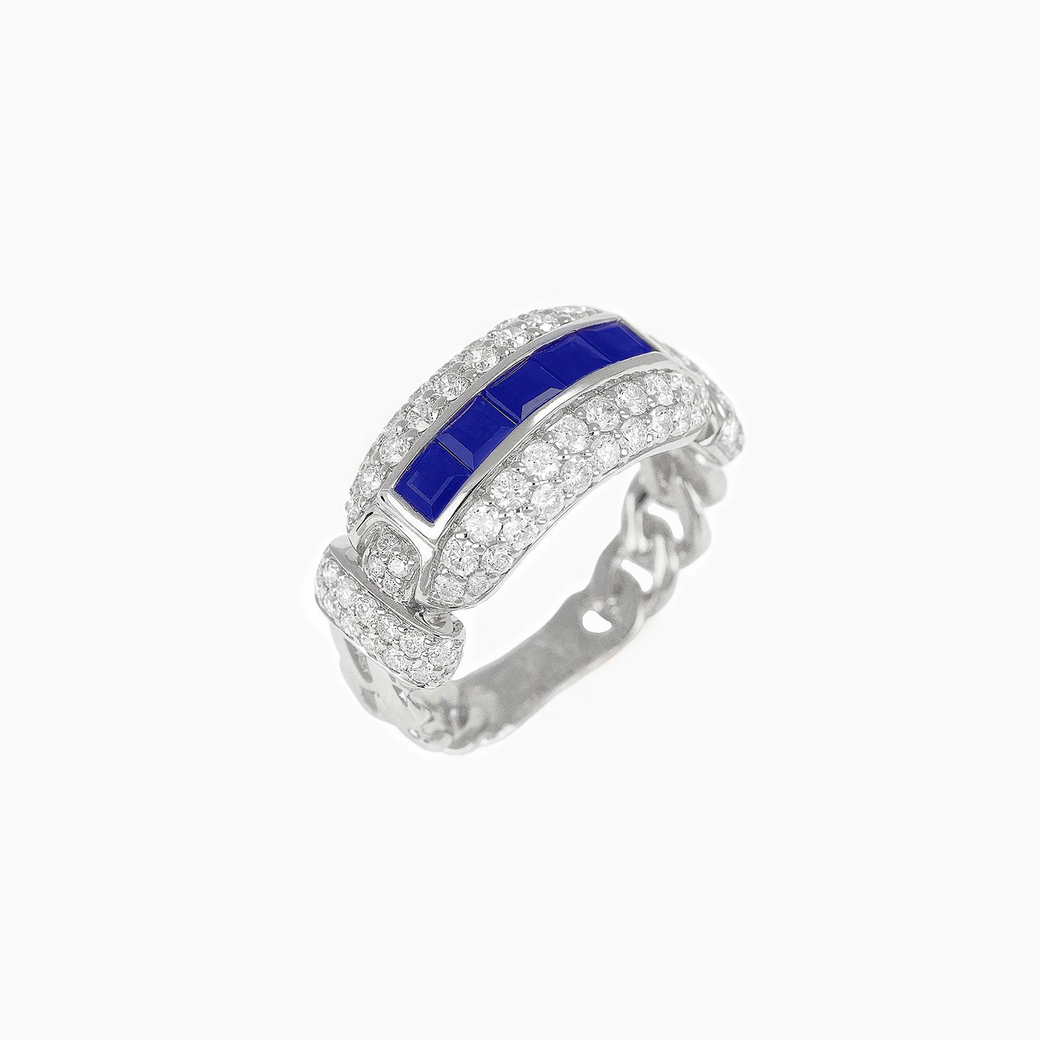 Anillo Eslabón entrelazado Oro Blanco 14k con Diamantes & Piedras Centrales Preciosas Color Azul Marino