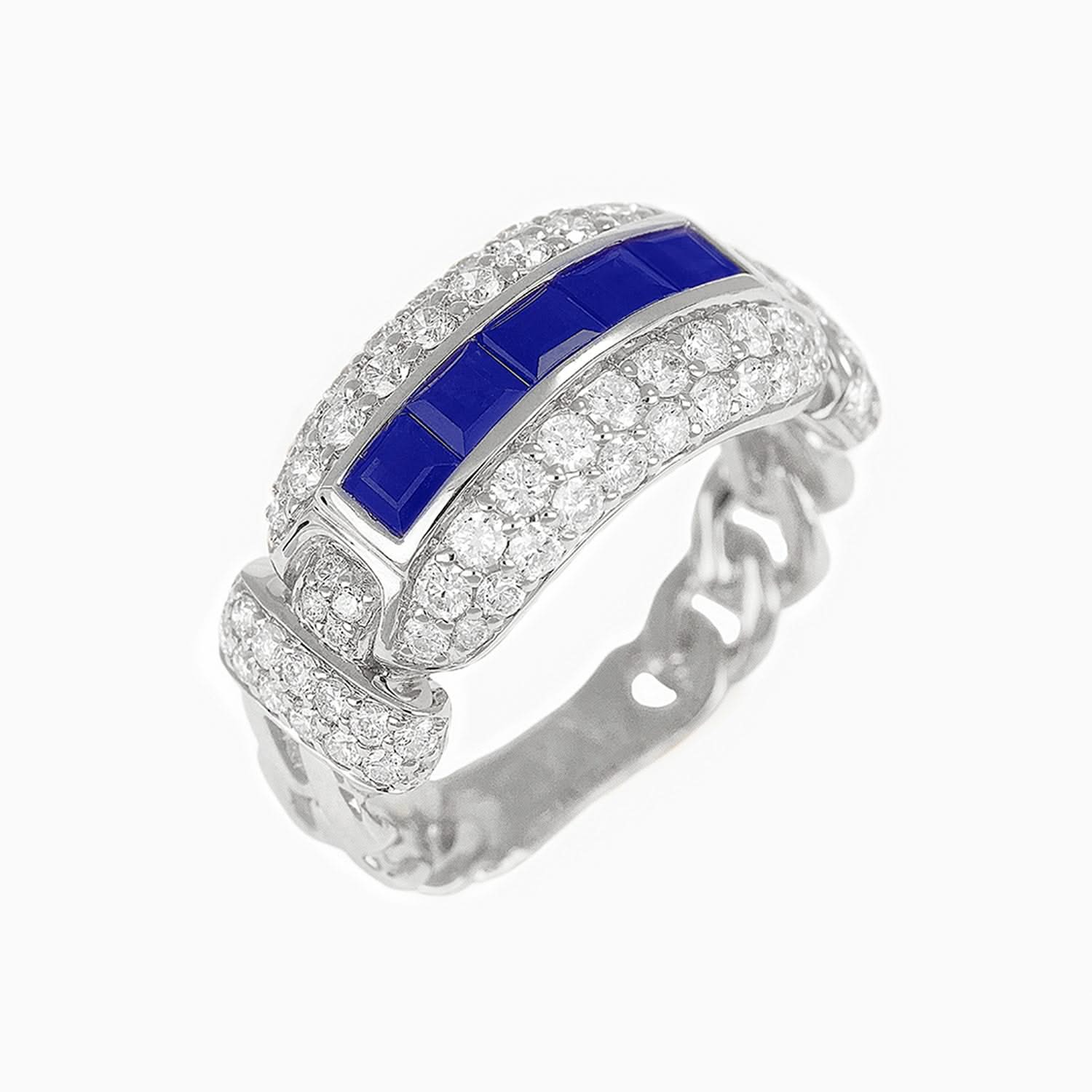 Anillo Eslabón entrelazado Oro Blanco 14k con Diamantes & Piedras Centrales Preciosas Color Azul Marino