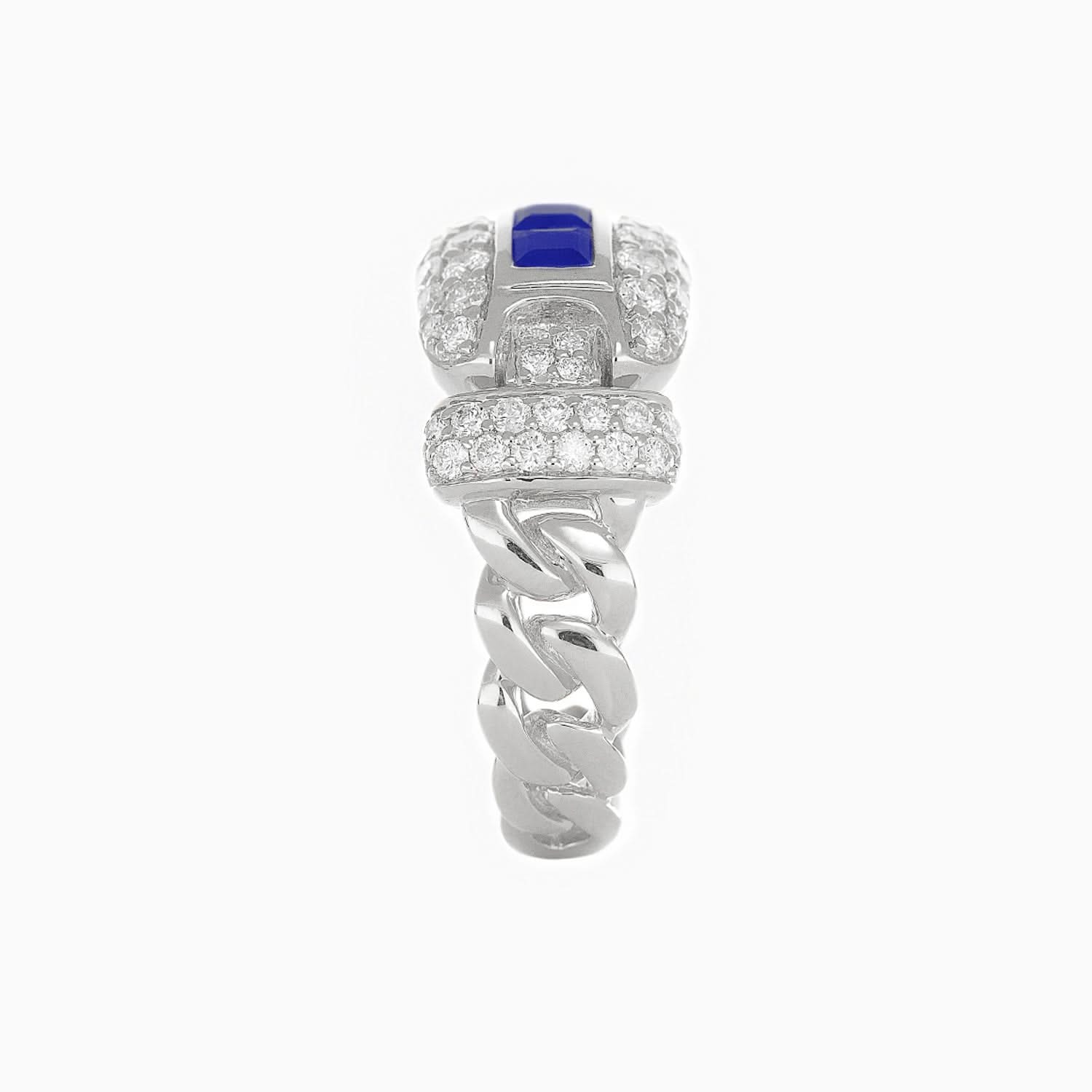 Anillo Eslabón entrelazado Oro Blanco 14k con Diamantes & Piedras Centrales Preciosas Color Azul Marino