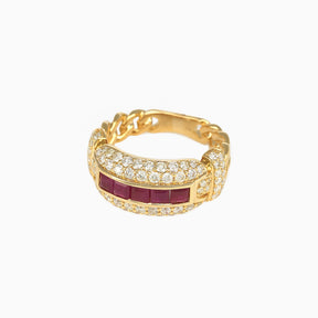 Anillo Eslabón Entrelazado Oro Amarillo 14k con Diamantes & Piedras Centrales Preciosas Color Rojo