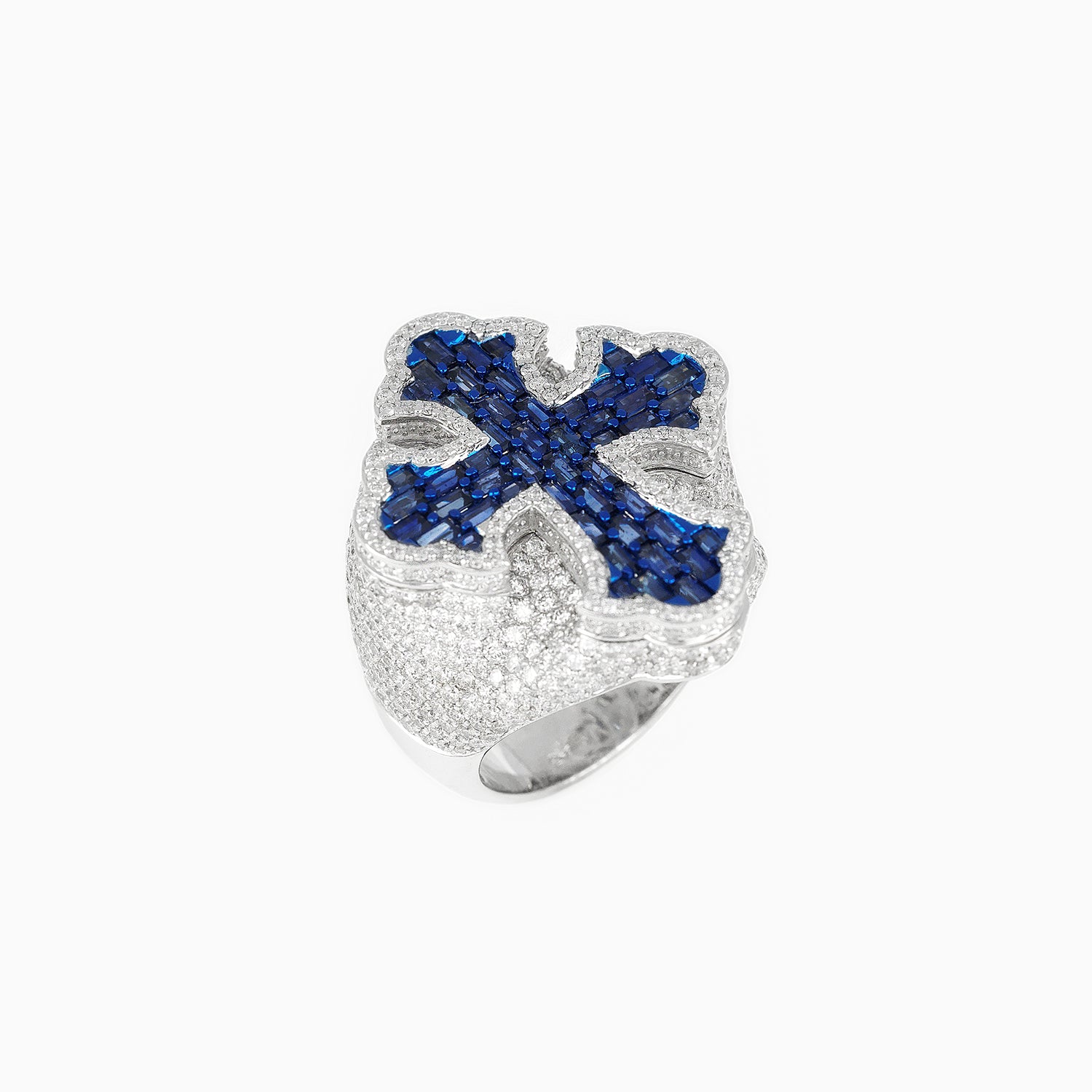 Anillo Cruz Oro Blanco 14k con Diamantes & Piedras Preciosas Centrales Color Azul