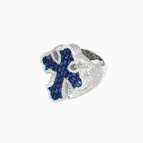 Anillo Cruz Oro Blanco 14k con Diamantes & Piedras Preciosas Centrales Color Azul