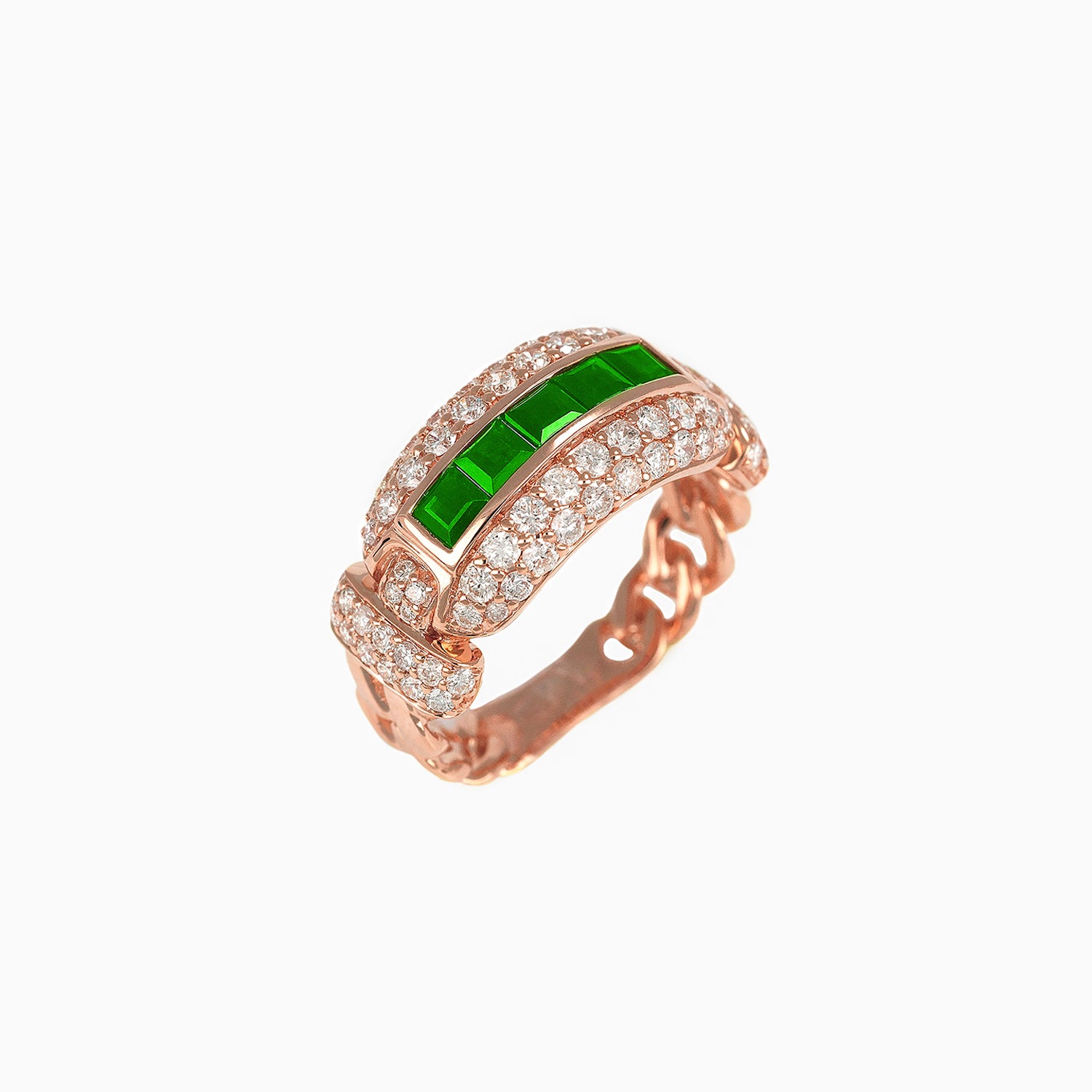 Anillo Eslabón entrelazado Oro Rosa 14k con Diamantes & Piedras Centrales Preciosas Color Verde