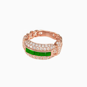 Anillo Eslabón entrelazado Oro Rosa 14k con Diamantes & Piedras Centrales Preciosas Color Verde