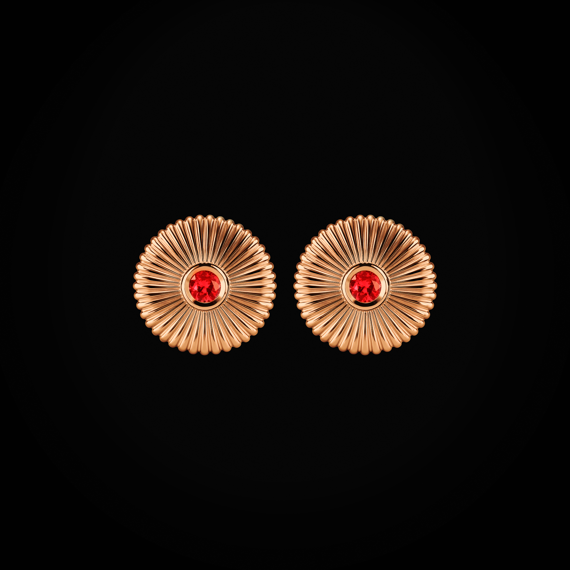 Arete flor fabergé circular troquelada rubís centrales oro rosa 18k