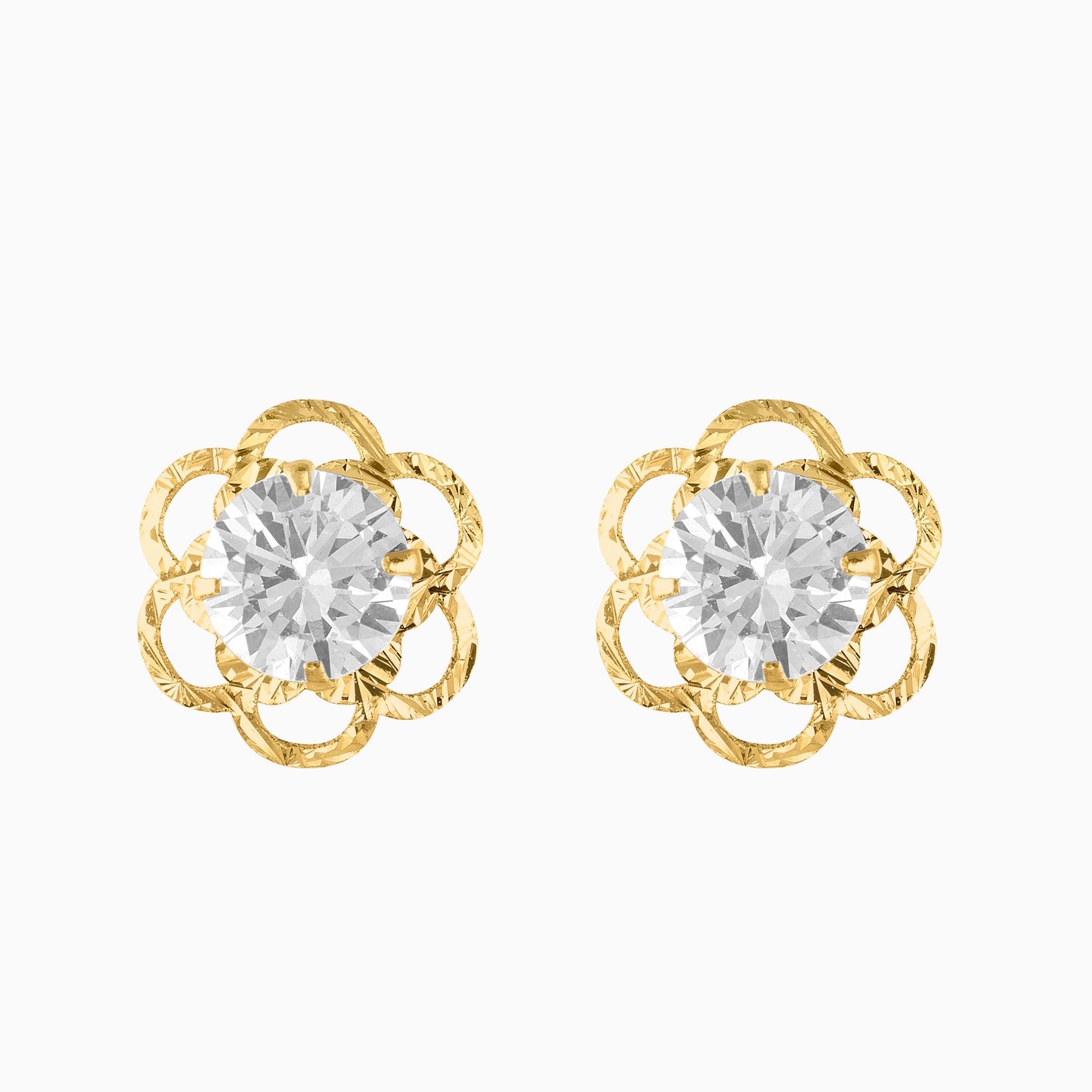Broqueles Flor 6 Pétalos Huecos + Circonia Suiza Central Oro 14k