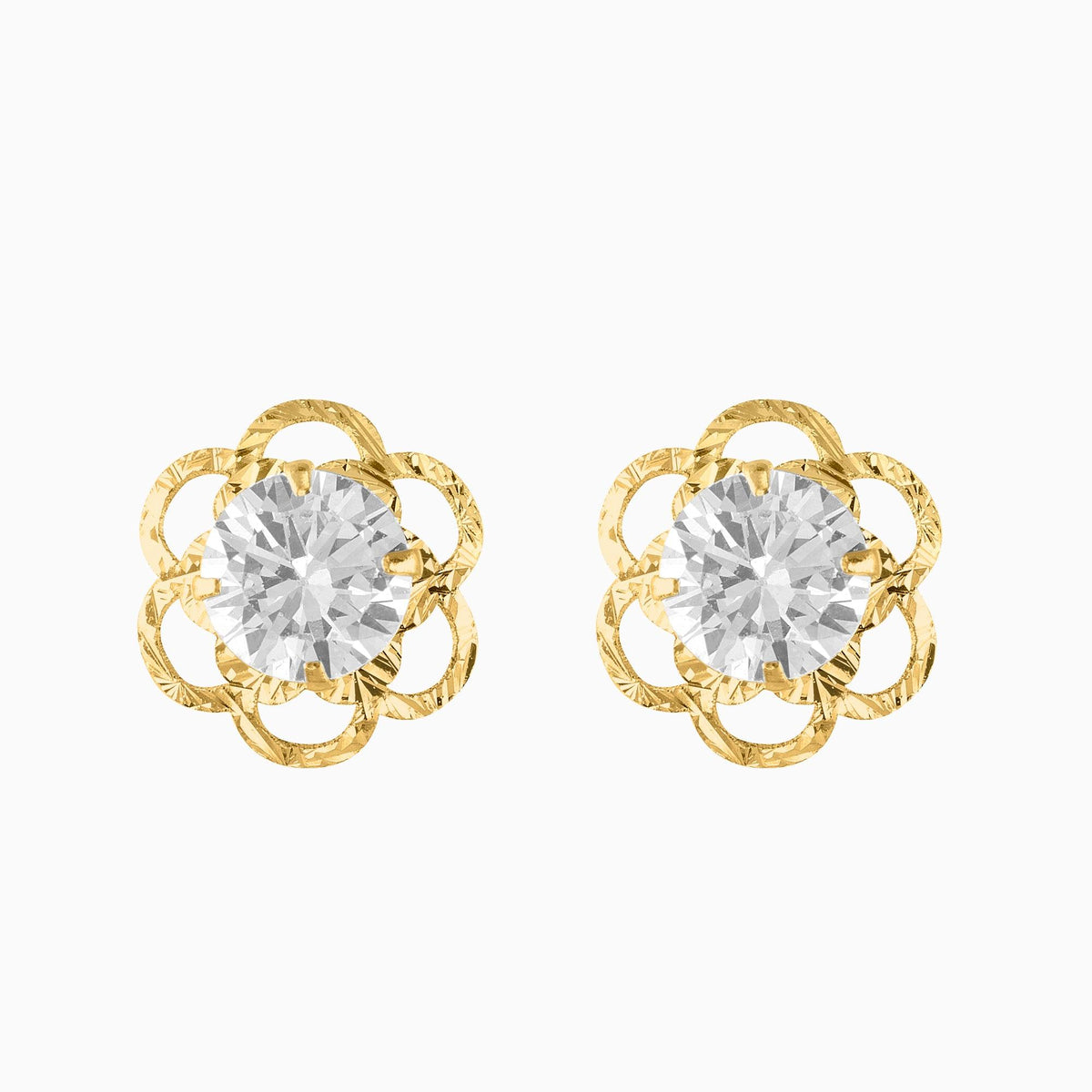 Broqueles Flor 6 Pétalos Huecos + Circonia Suiza Central Oro 14k | broquel de oro | Maestros Joyeros