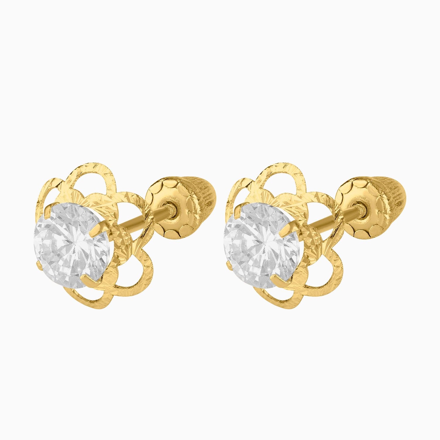 Broqueles Flor 6 Pétalos Huecos + Circonia Suiza Central Oro 14k | broquel de oro | Maestros Joyeros
