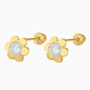 Broqueles Flor 6 Pétalos + Circonia Suiza Central Oro 14k