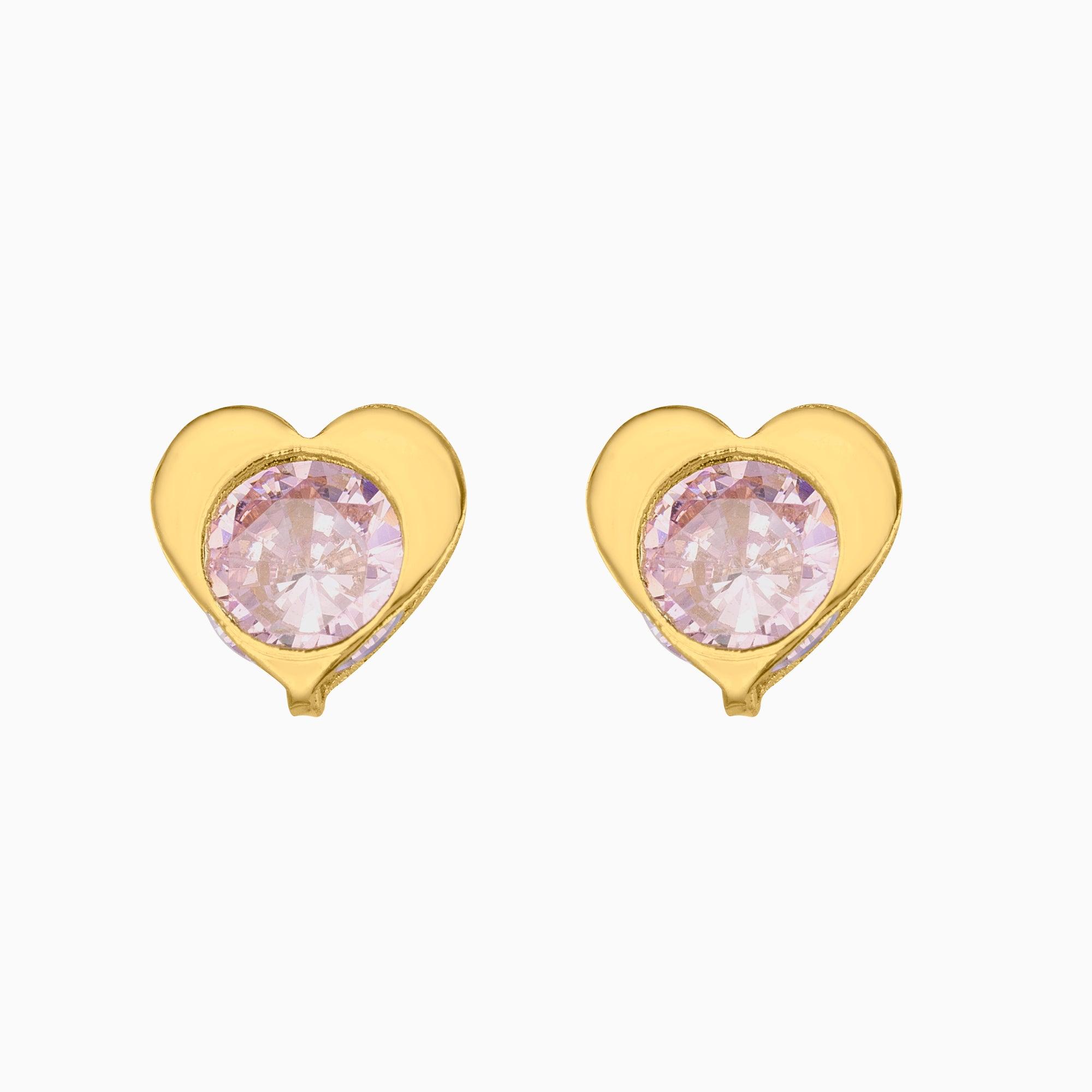 Broqueles Corazón + Circonia Suiza Central Rosa Oro 14k
