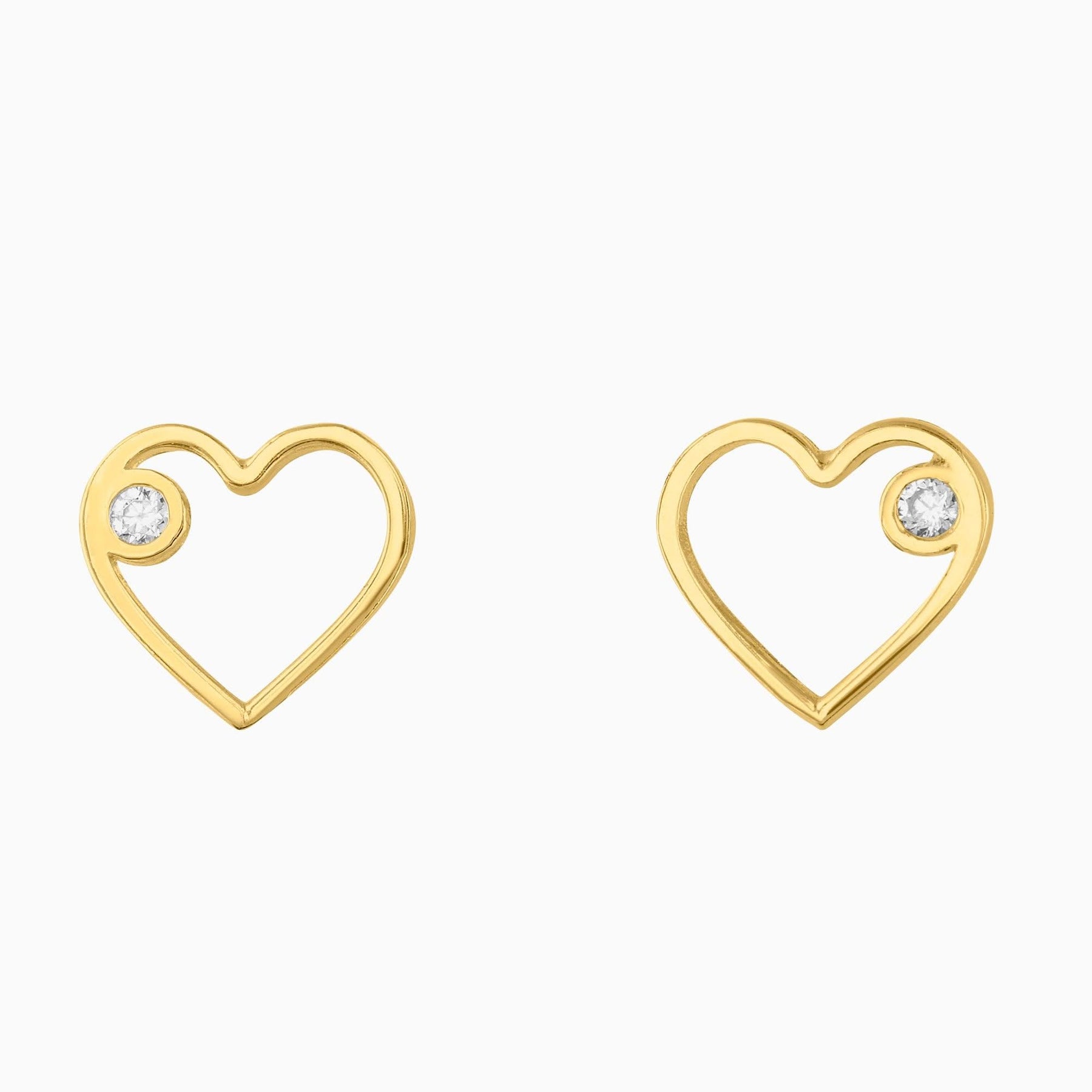 Broqueles Corazón Hueco + Circonia Suiza Oro 14k