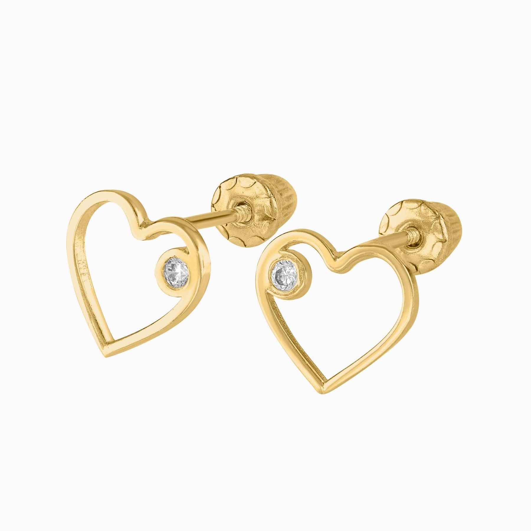 Broqueles Corazón Hueco + Circonia Suiza Oro 14k