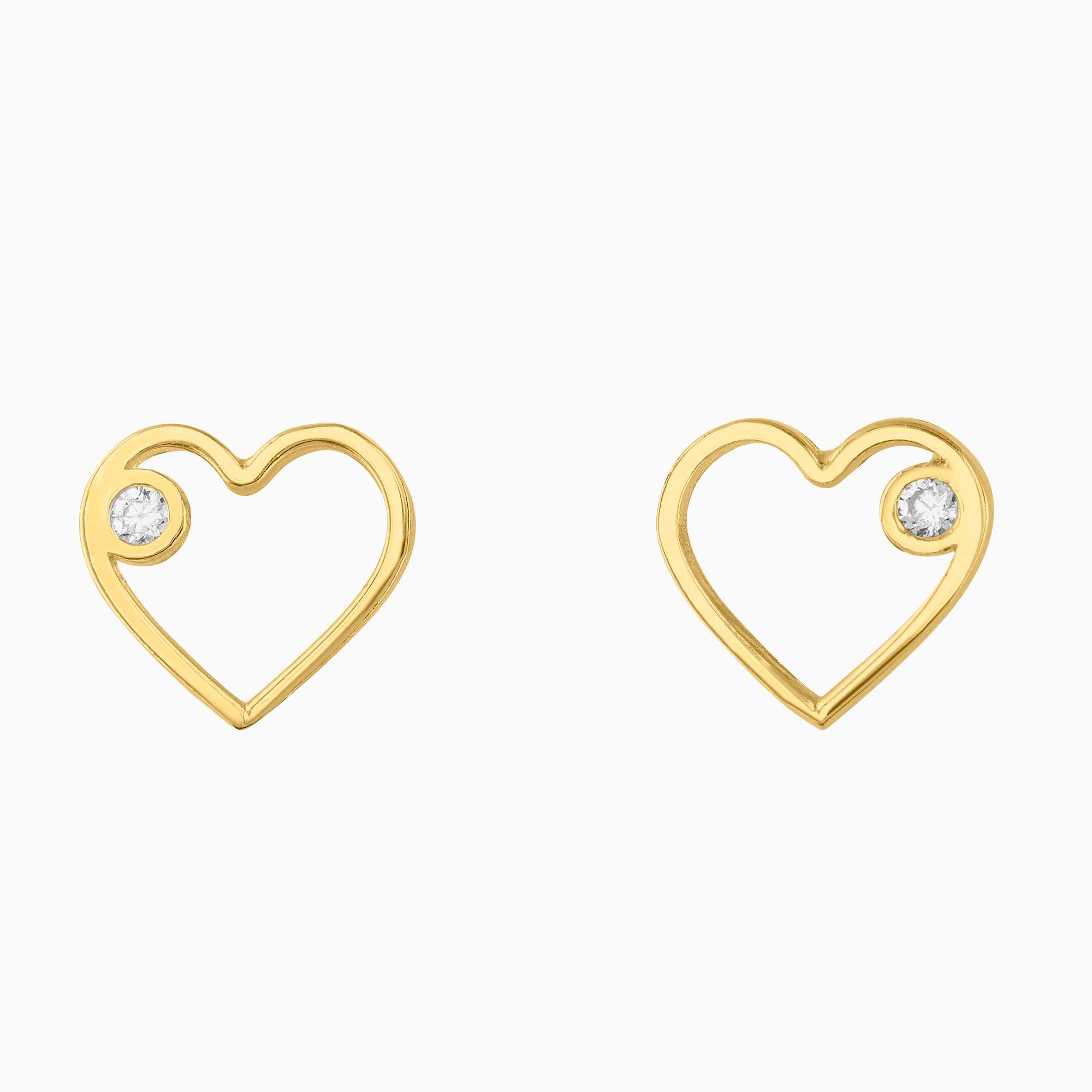 Broqueles Corazón Hueco + Circonia Suiza Oro 14k + Estuche | broquel de oro | Maestros Joyeros
