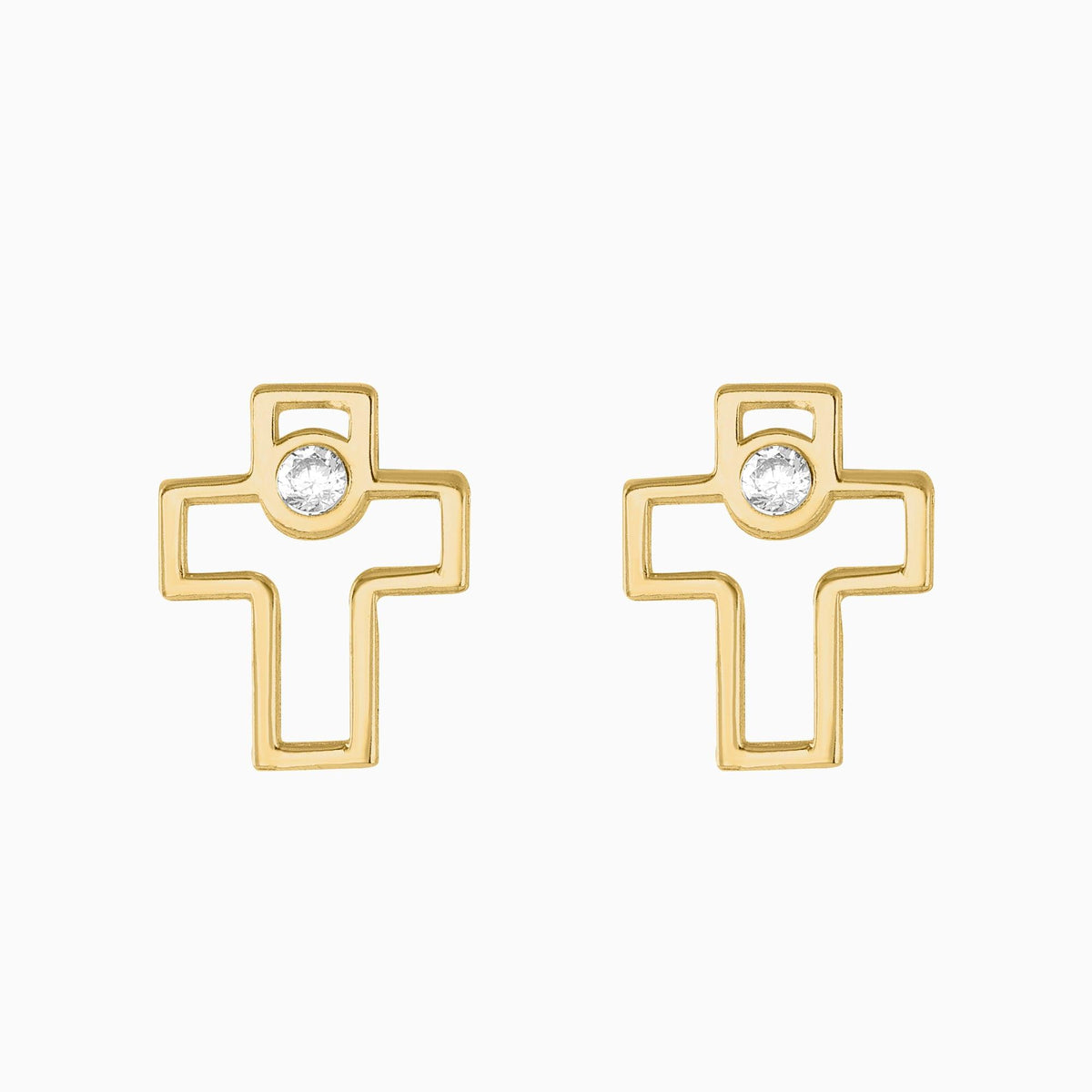 Broqueles Cruz Hueca + Circonia Suiza Oro 14k + Estuche | broquel de oro | Maestros Joyeros