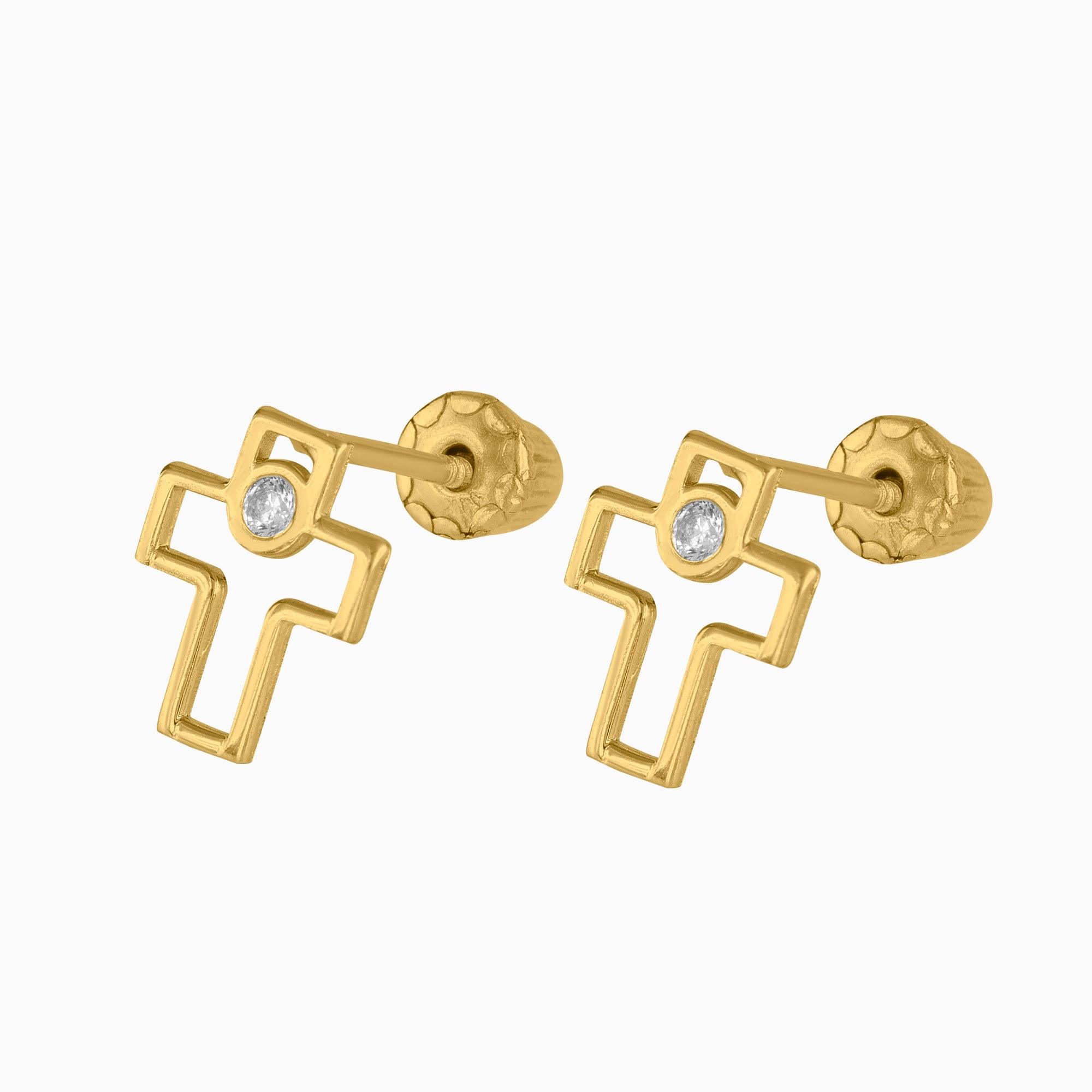 Broqueles Cruz Hueca + Circonia Suiza Oro 14k + Estuche | broquel de oro | Maestros Joyeros