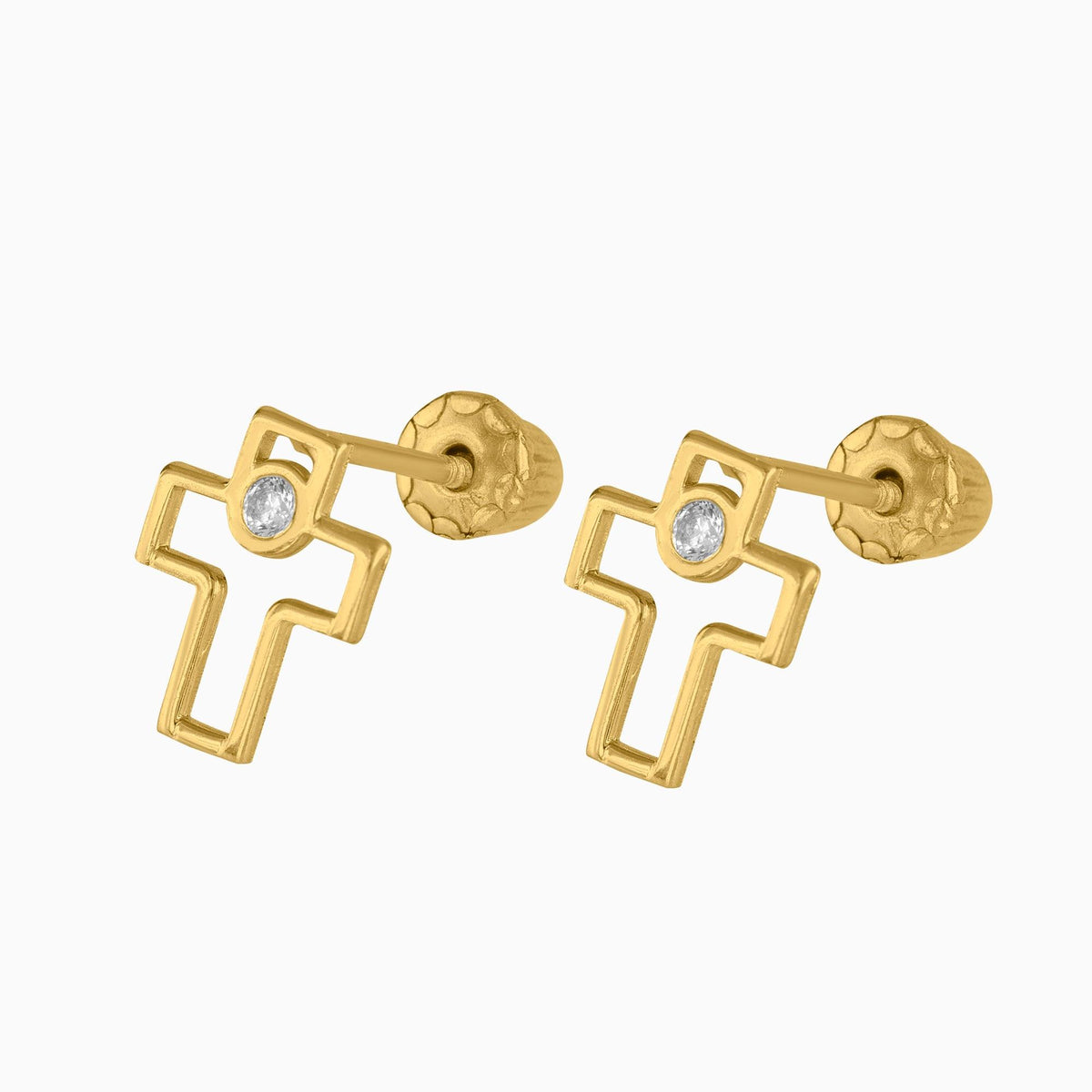 Broqueles Cruz Hueca + Circonia Suiza Oro 14k + Estuche