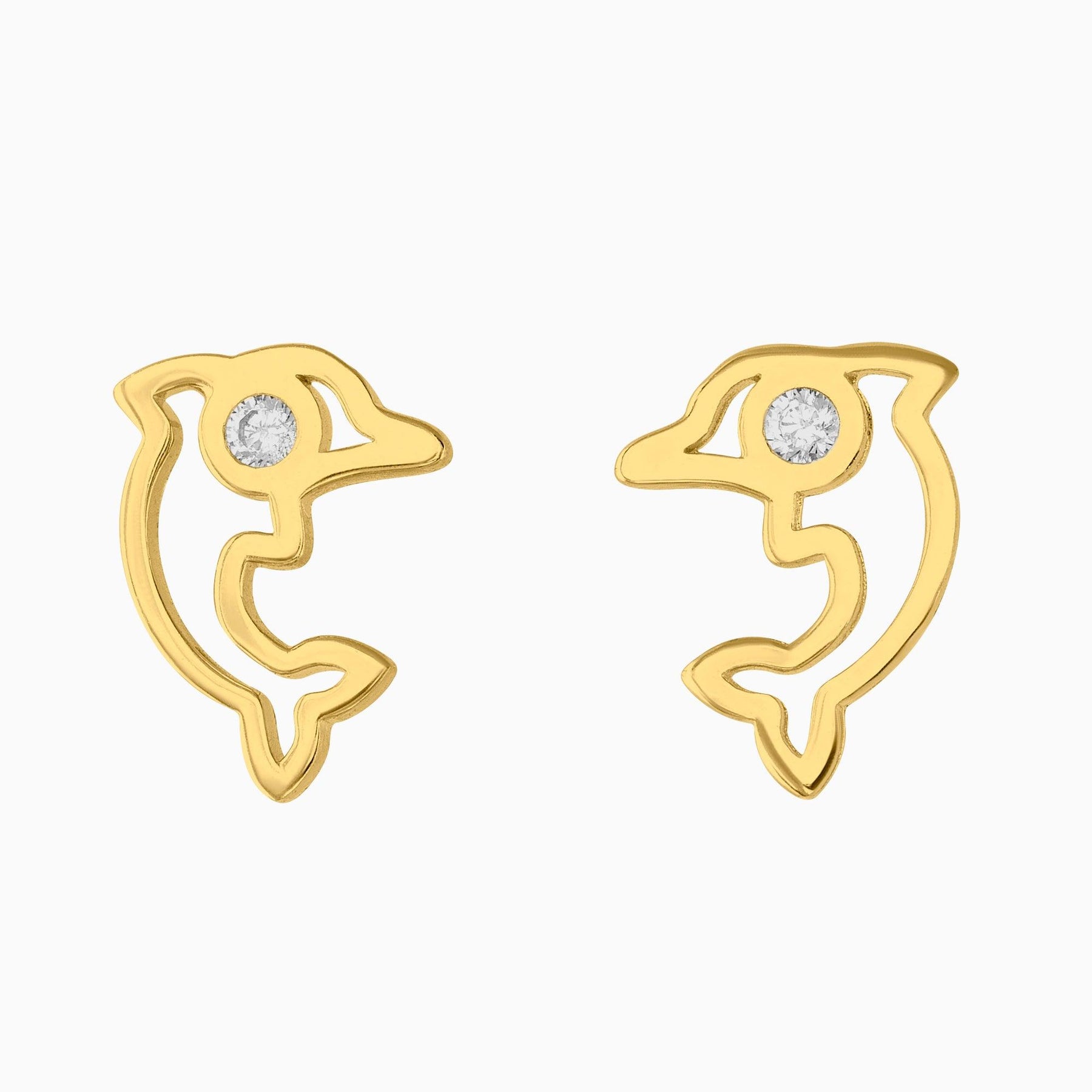 Broqueles Delfín Oro Amarillo 14k con Circonia + Estuche | broquel de oro | Maestros Joyeros
