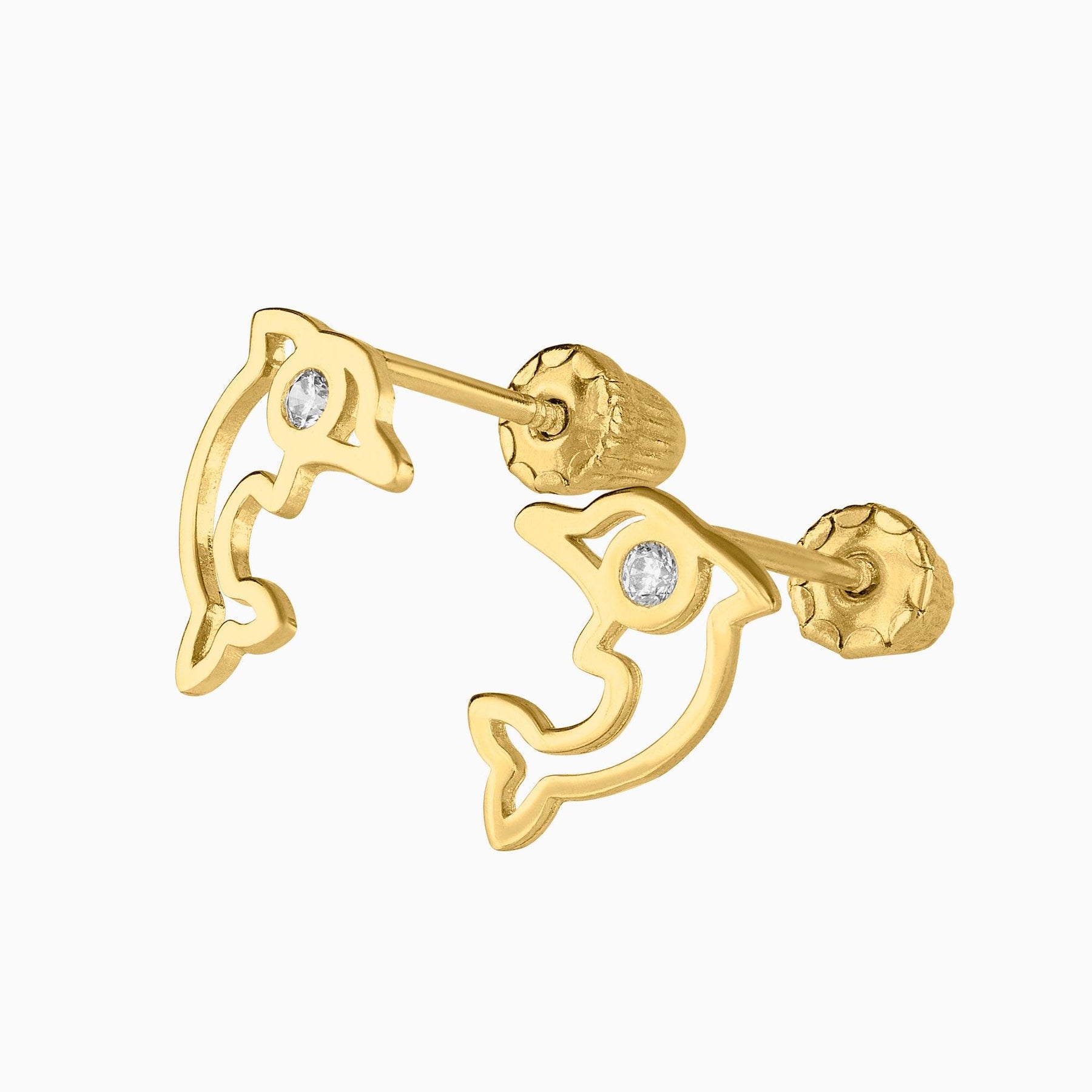 Broqueles Delfín Oro Amarillo 14k con Circonia + Estuche | broquel de oro | Maestros Joyeros