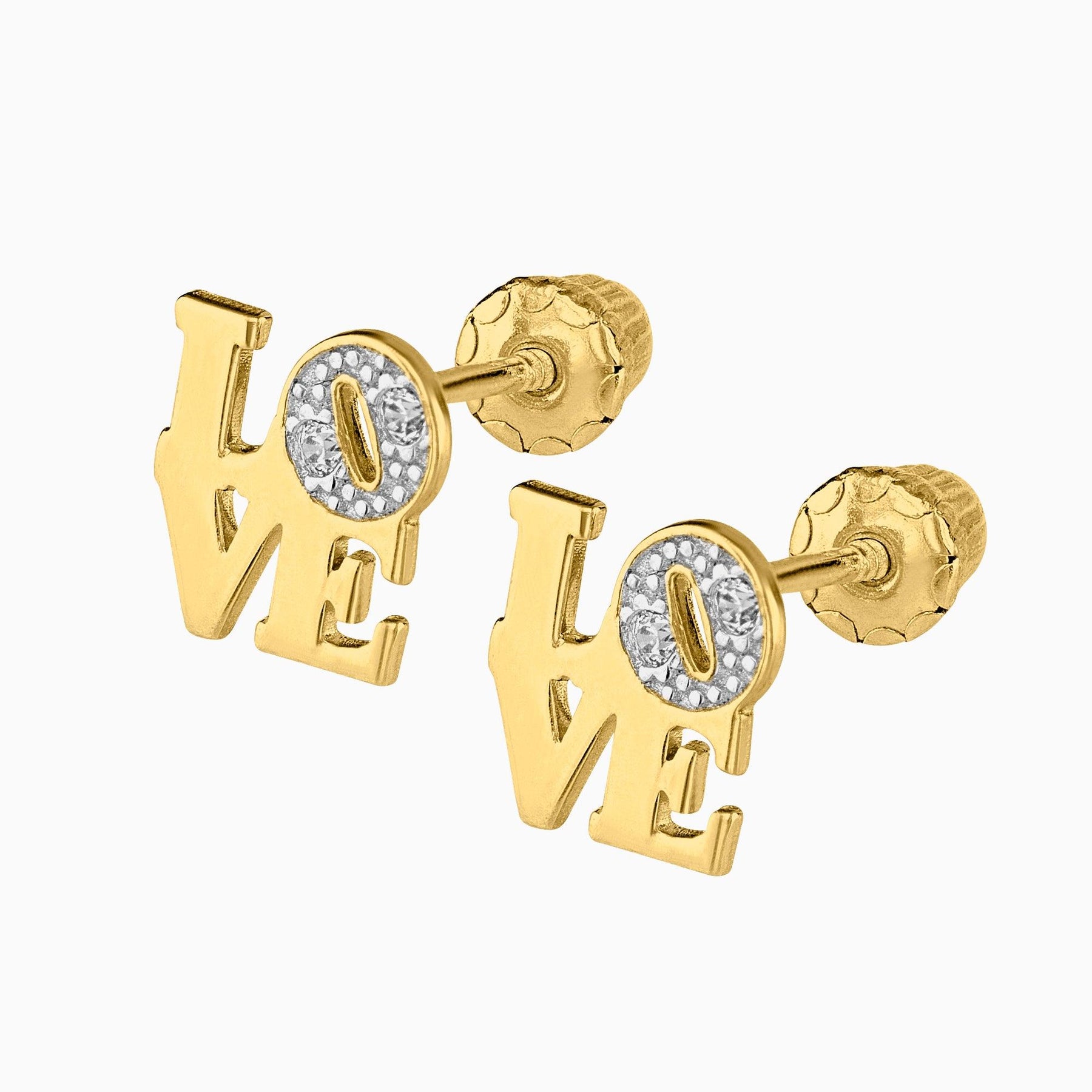 Broqueles "Love" Oro 14k con Circonias + Estuche | broquel de oro | Maestros Joyeros