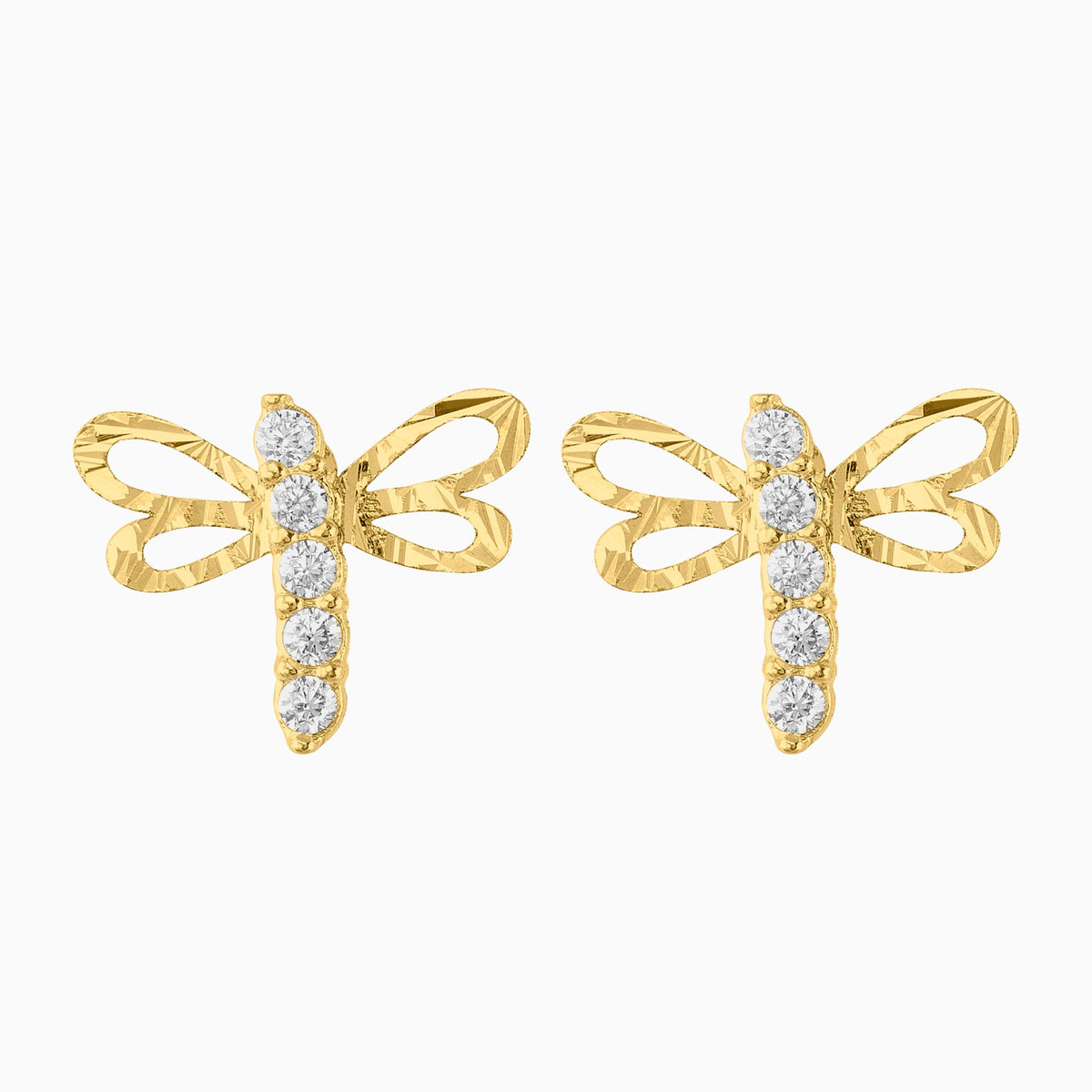 Broqueles libélula + 5 zirconias suizas 0.8 mm 14k + Estuche | broquel de oro | Maestros Joyeros