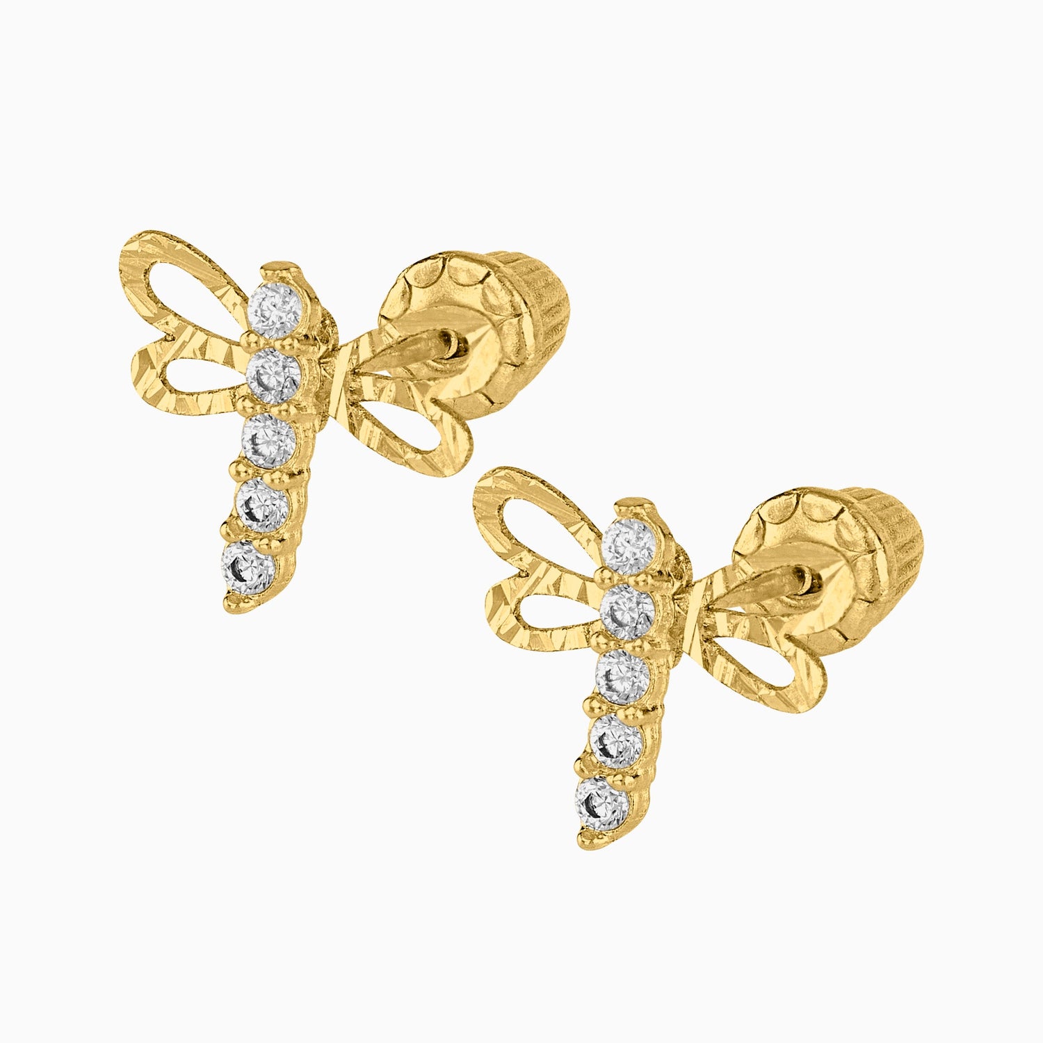 Broqueles libélula + 5 zirconias suizas 0.8 mm 14k + Estuche | broquel de oro | Maestros Joyeros