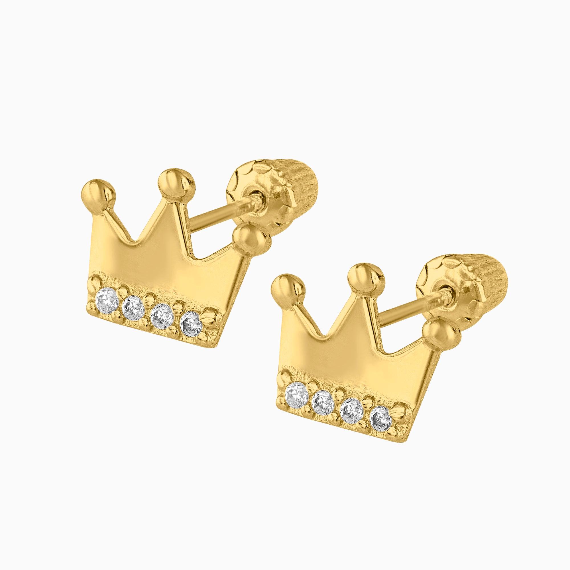 Broqueles Corona Oro Amarillo 14k con Circonias + Estuche | broquel de oro | Maestros Joyeros