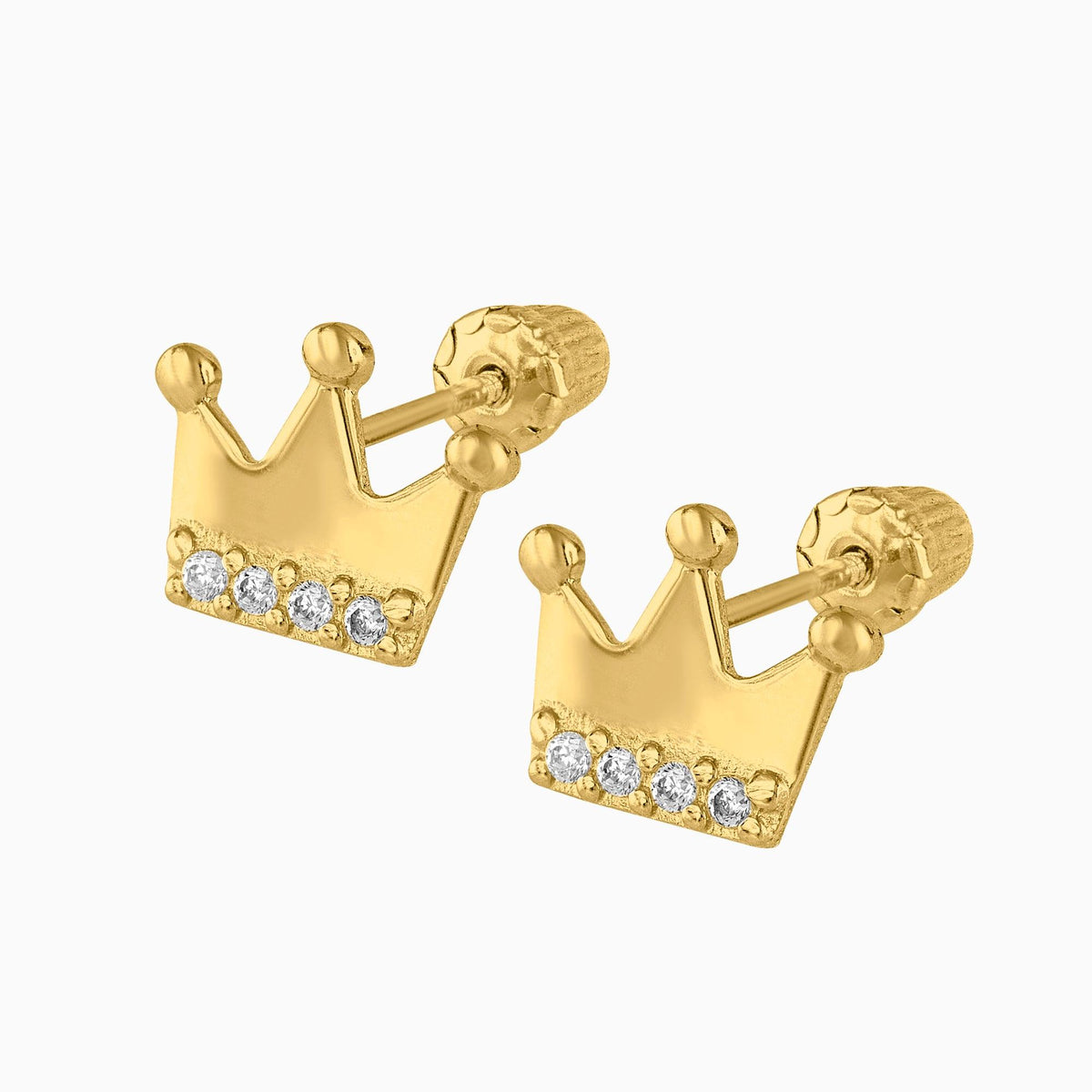 Broqueles Corona Oro Amarillo 14k con Circonias + Estuche