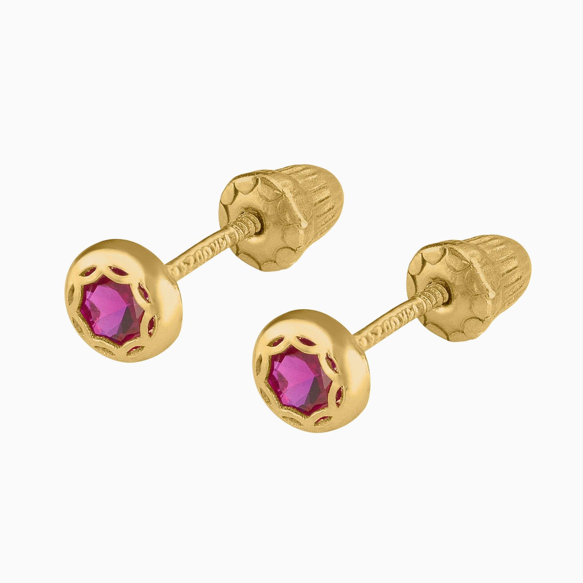 Broqueles Solitarios Oro Amarillo 14k Circonia Roja + Estuche | broquel de oro | Maestros Joyeros