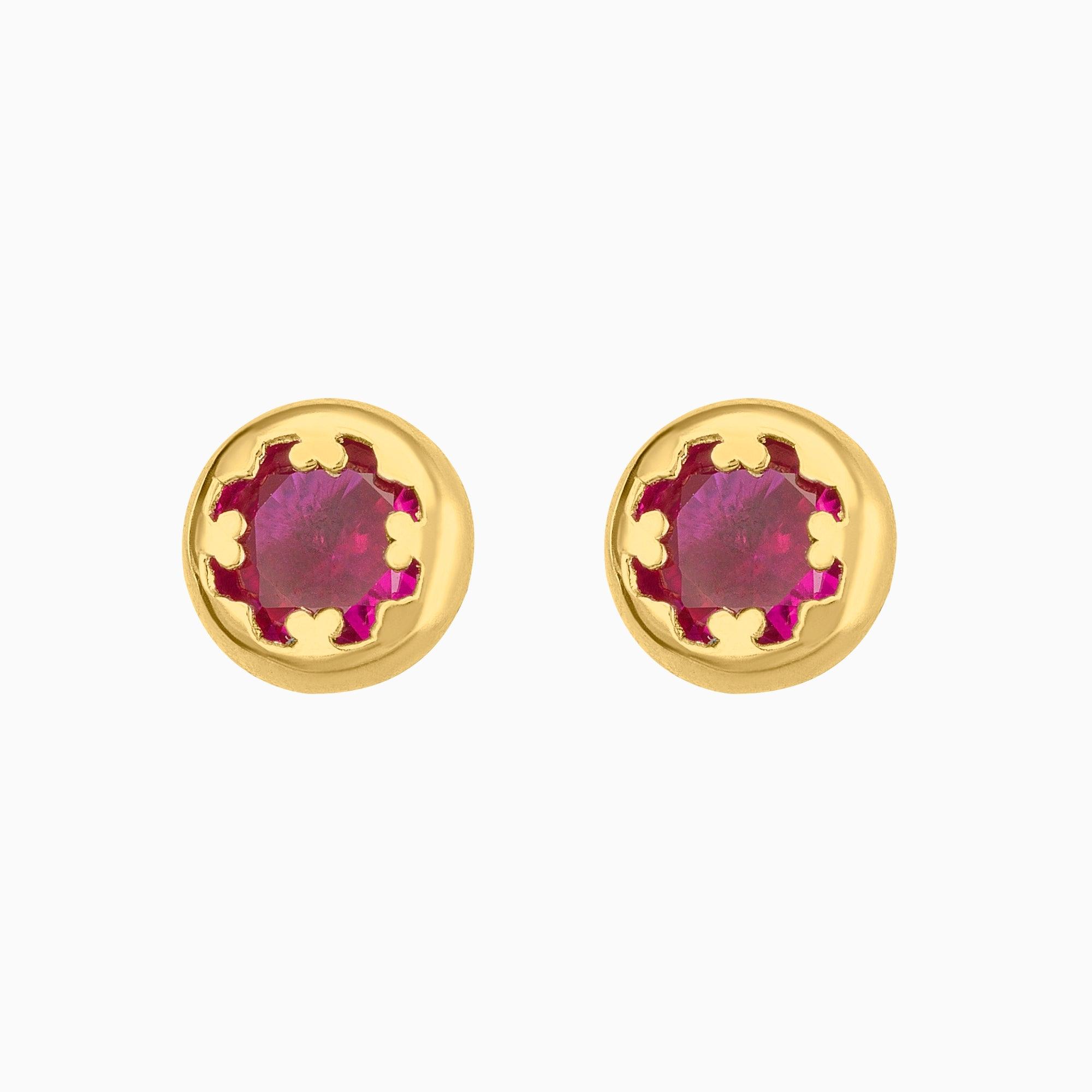 14k Yellow Gold Solitaire Stud Earrings with Red Zirconia