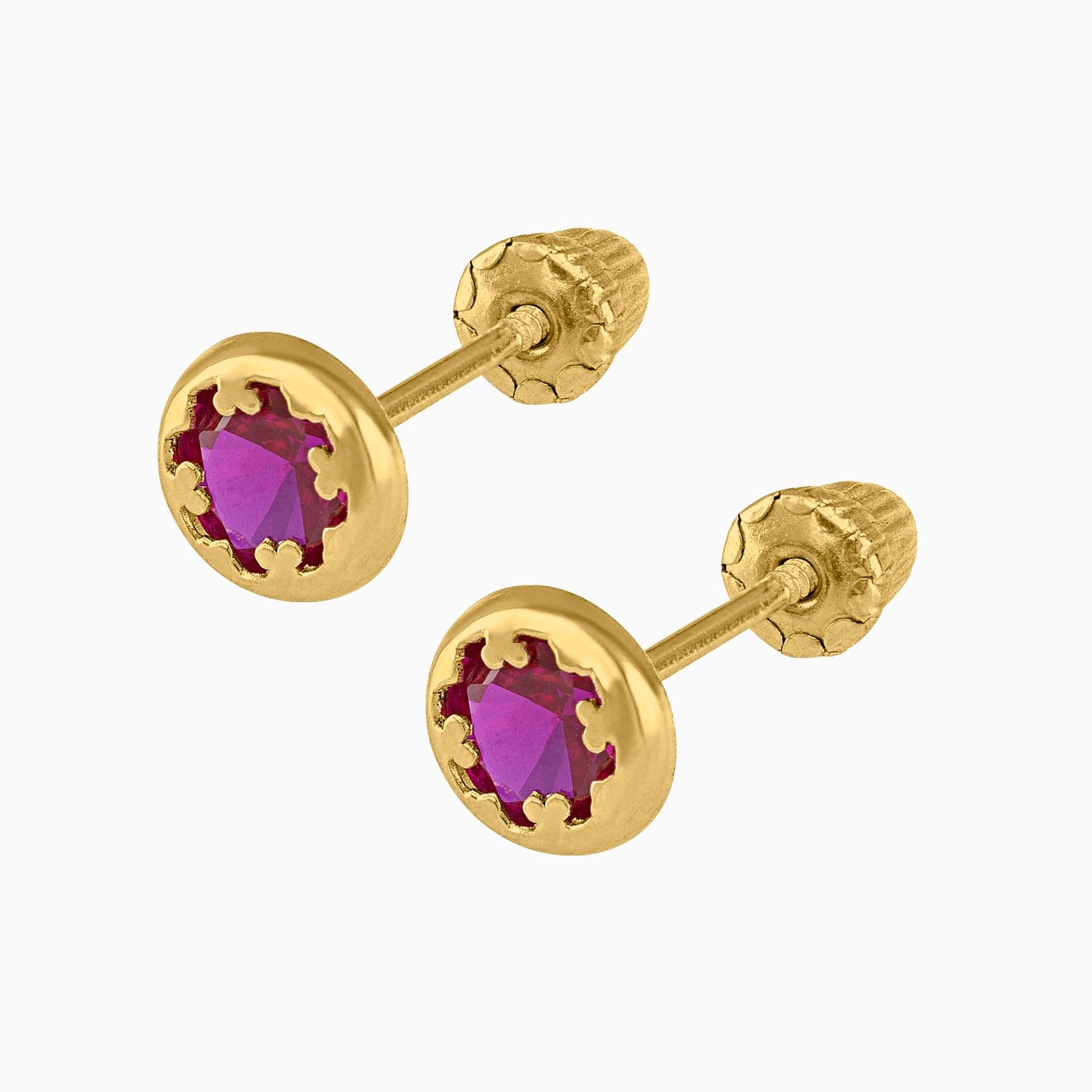 Broqueles Solitarios Oro Amarillo 14k con Circonia Roja + Estuche | broquel de oro | Maestros Joyeros
