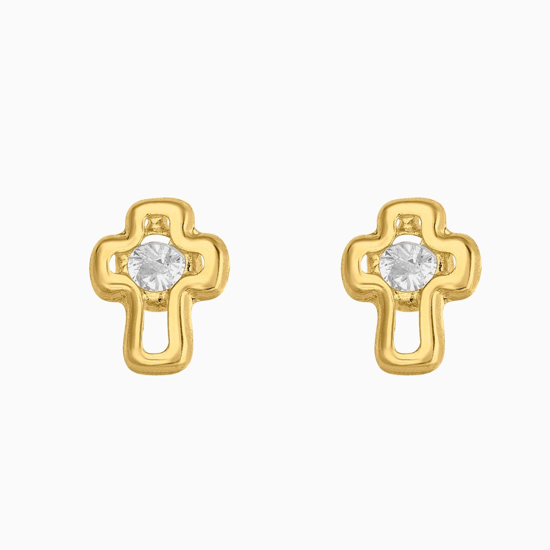Broqueles Cruz Hueca Oro Amarillo 14k con Circonia + Estuche | broquel de oro | Maestros Joyeros