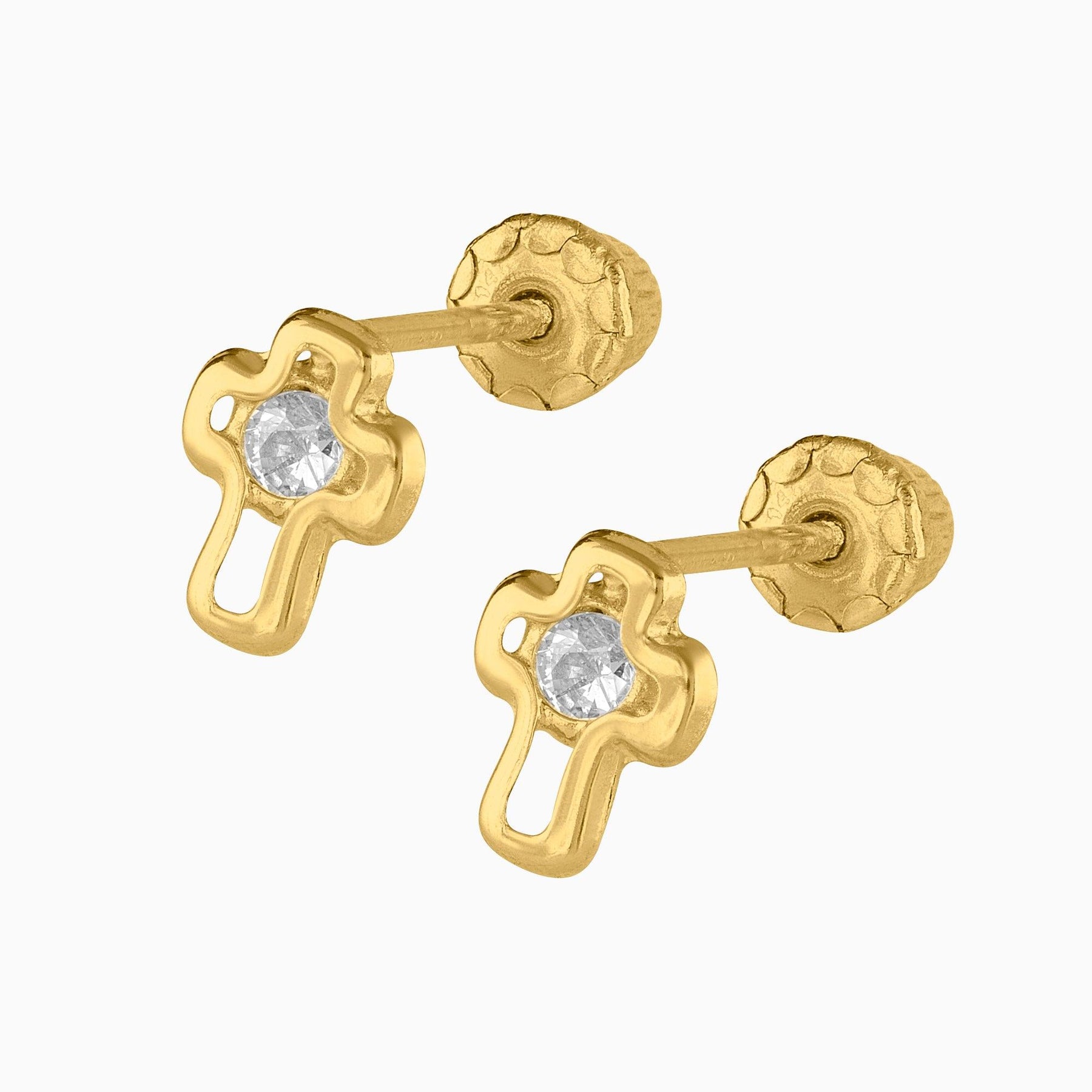 Broqueles Cruz Hueca Oro Amarillo 14k con Circonia + Estuche | broquel de oro | Maestros Joyeros