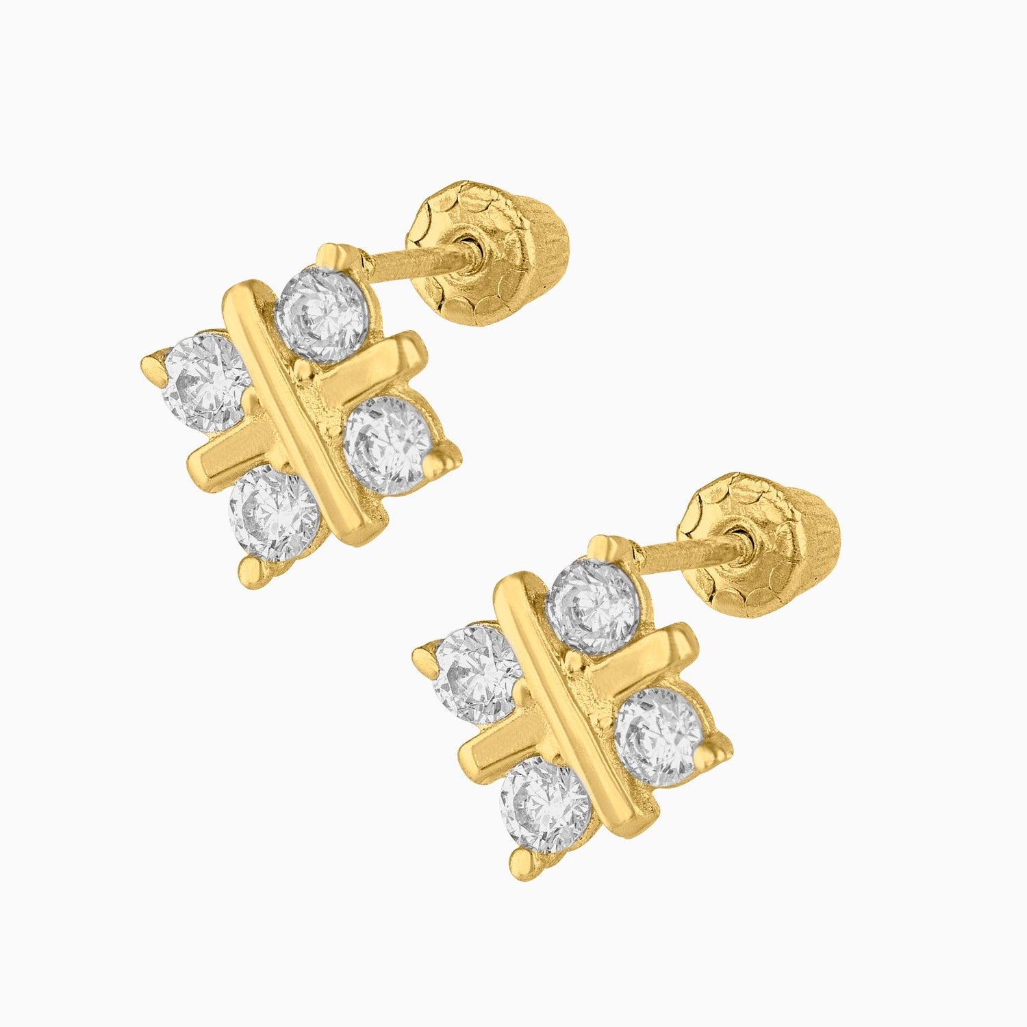 Broqueles Cruz Oro Amarillo 14k con Circonias + Estuche