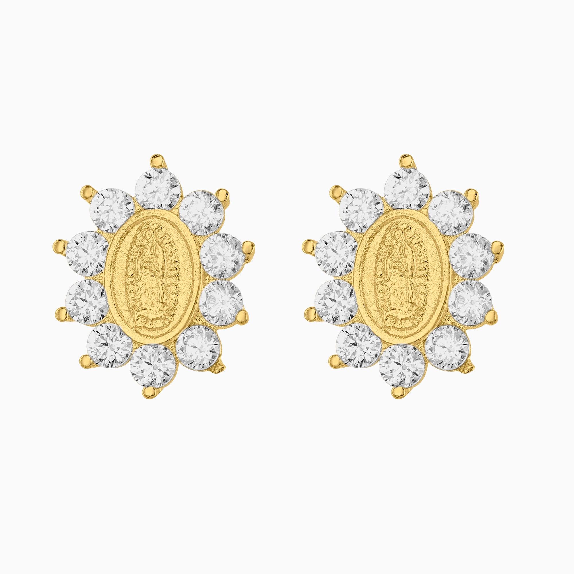 Broqueles Imagen de Virgen de Gpe. Oro Amarillo 14k con Circonias