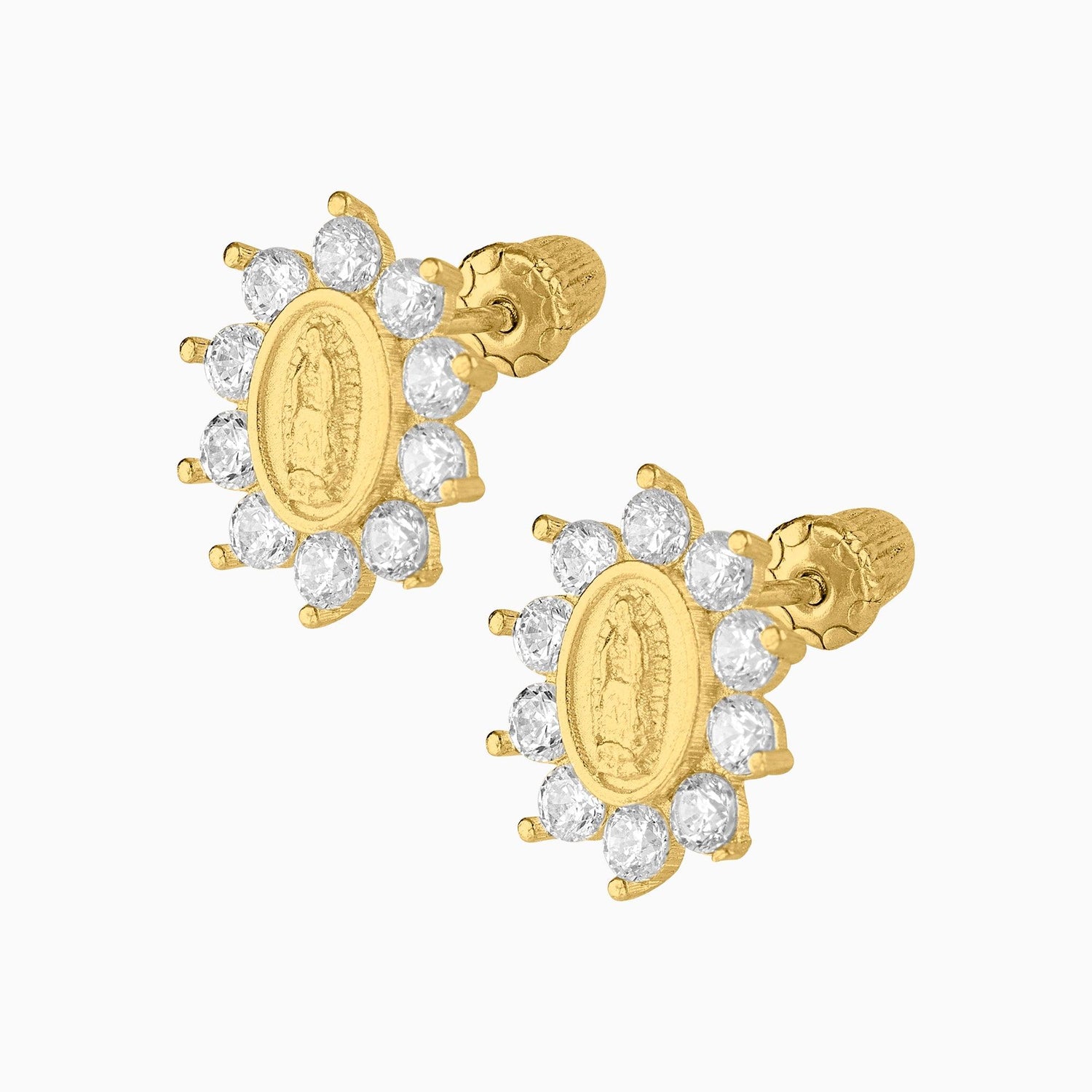 Broqueles Imagen de Virgen de Gpe. Oro Amarillo 14k con Circonias