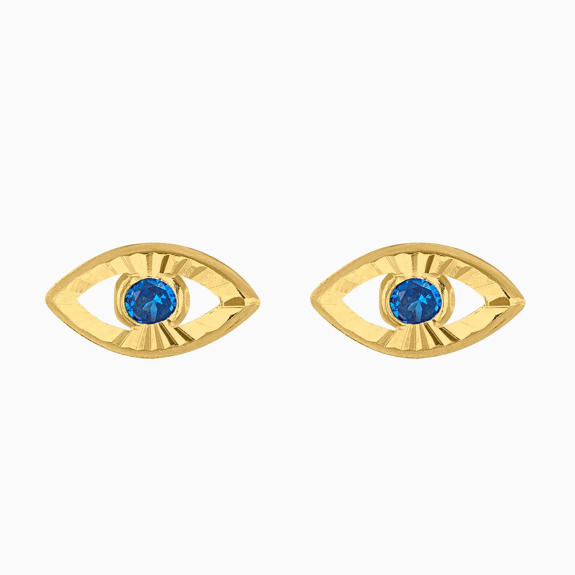 Broqueles Ojo Turco Oro Amarillo 14k con Circonia Azul