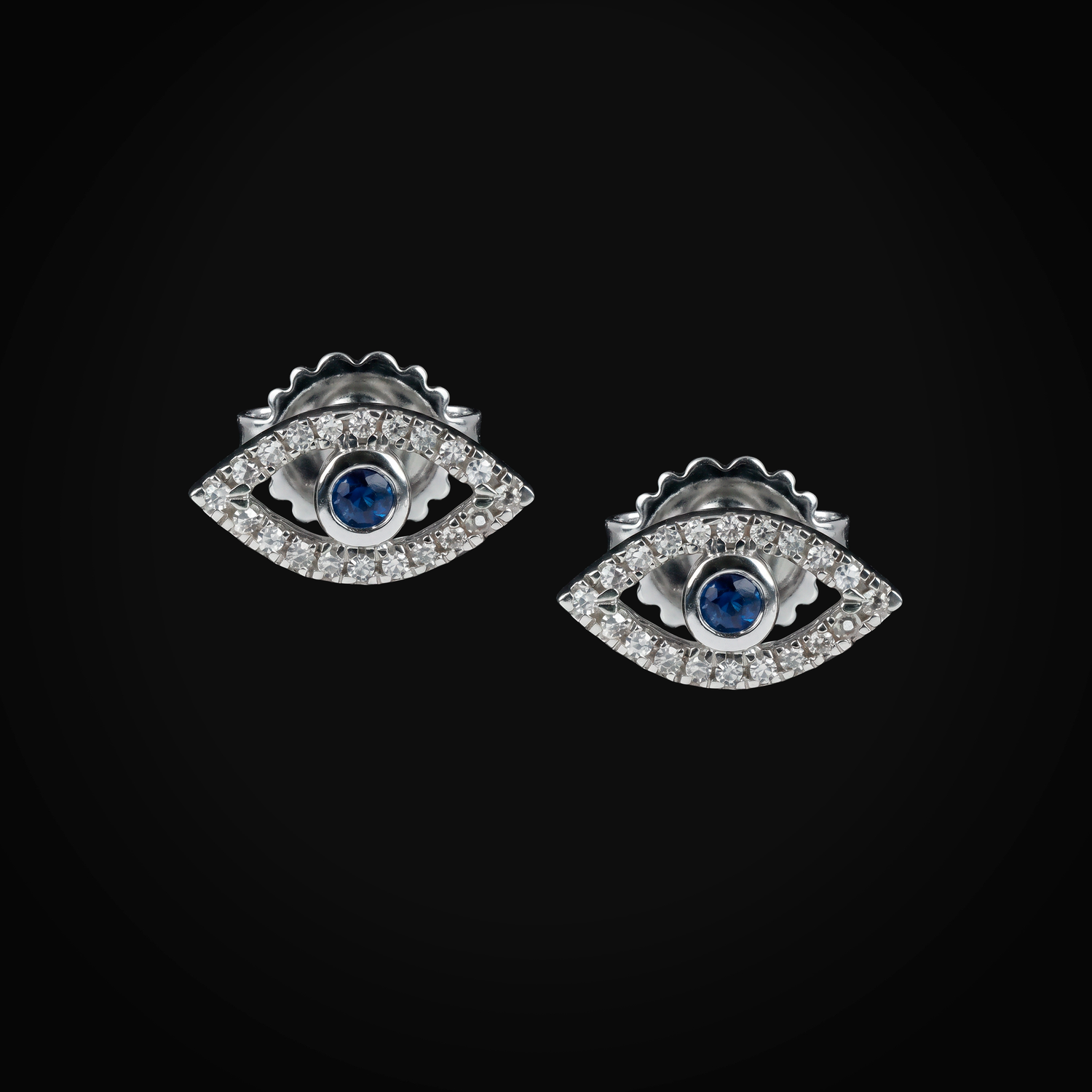 Broquel 14k Ojo Turco Con Zafiro Azul Central Oro Blanco + Estuche