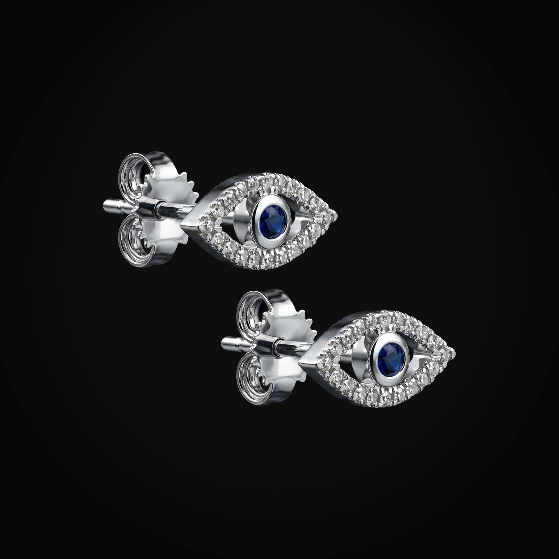 Broquel 14k Ojo Turco Con Zafiro Azul Central Oro Blanco + Estuche