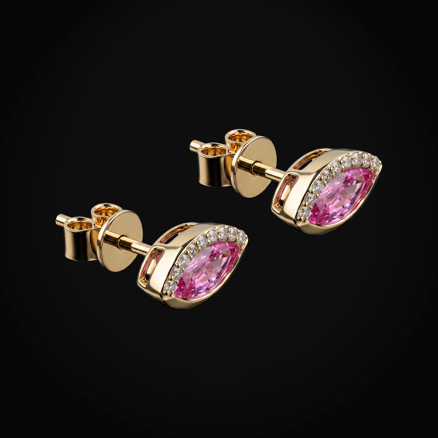 Broqueles 14k Oro Amarillo Tipo Ojo Turco Con Zafiro Rosa Corte Marquisse + Estuche
