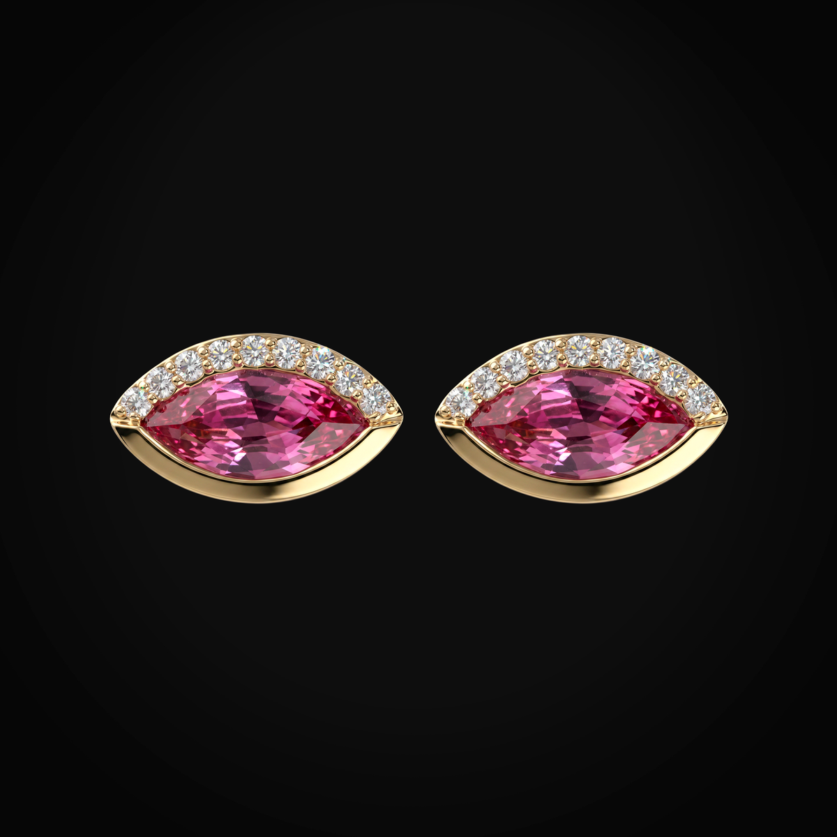Broqueles 14k Oro Amarillo Tipo Ojo Turco Con Zafiro Rosa Corte Marquisse + Estuche