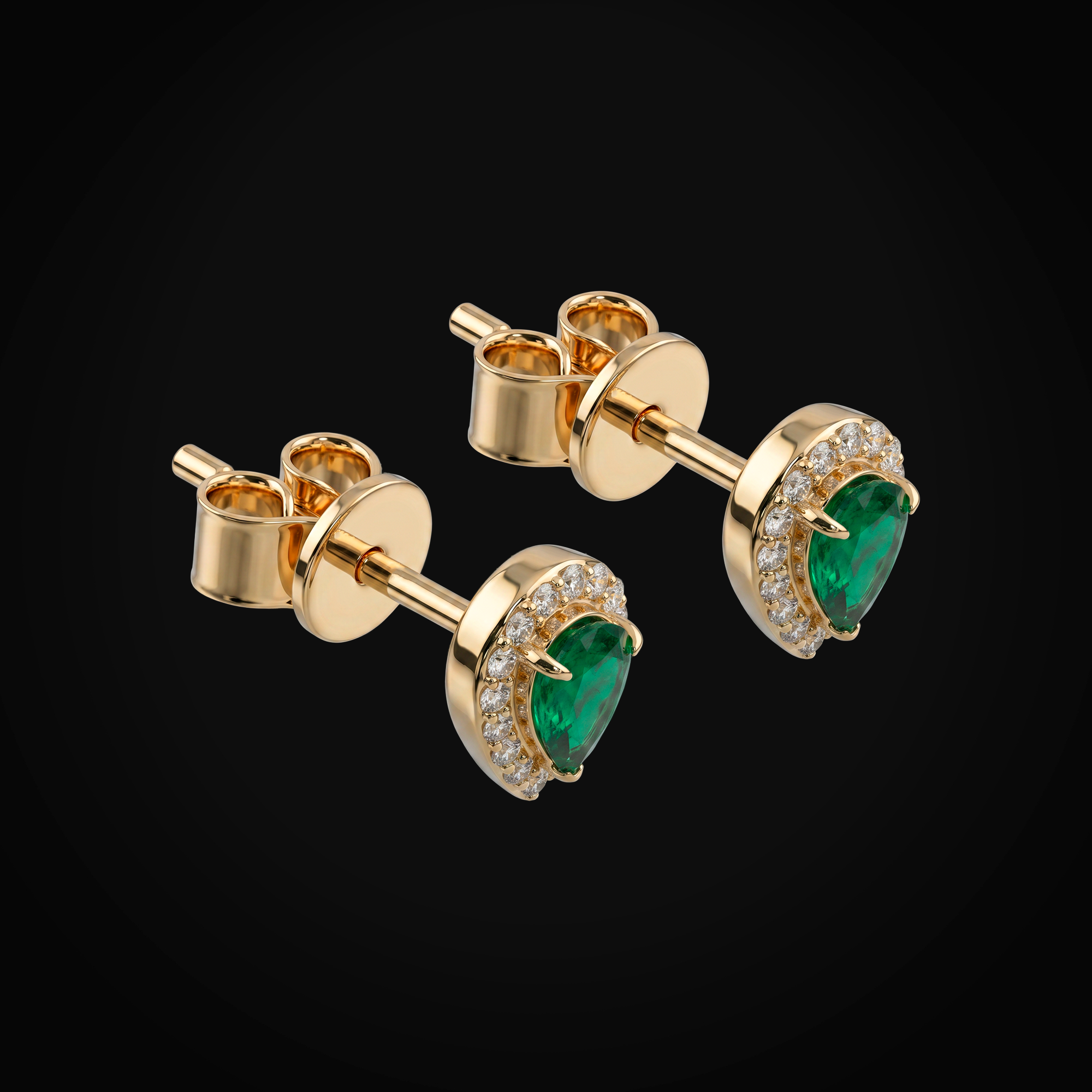 Broqueles 14k Oro Amarillo Figura Gota Con Esmeraldas Y Borde Full Ice + Estuche