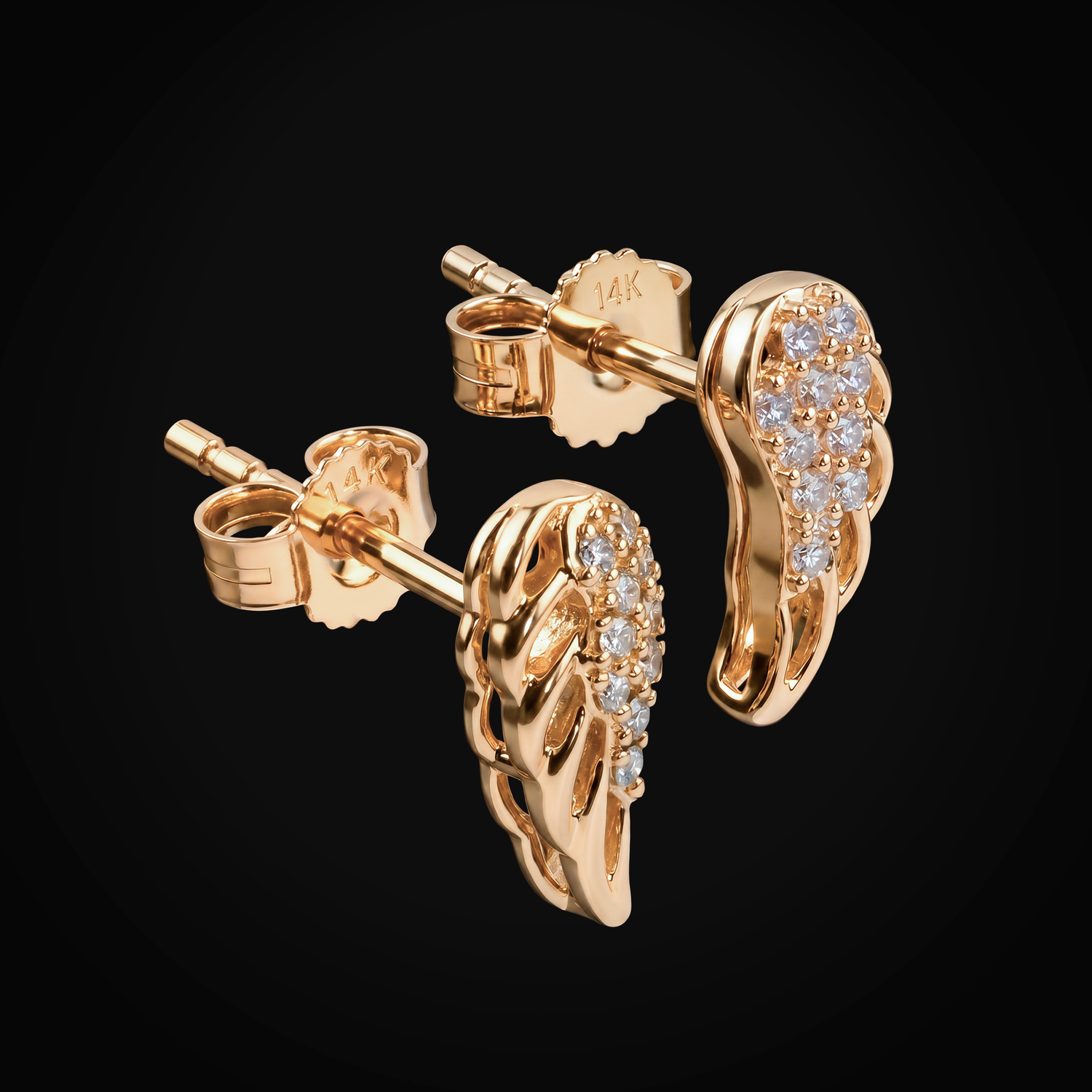 Broqueles 14k Oro Amarillo "Alas" Full Ice Plumas Huecas + Estuche