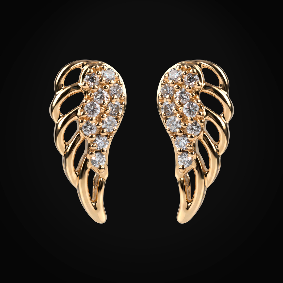 Broqueles 14k Oro Amarillo "Alas" Full Ice Plumas Huecas + Estuche