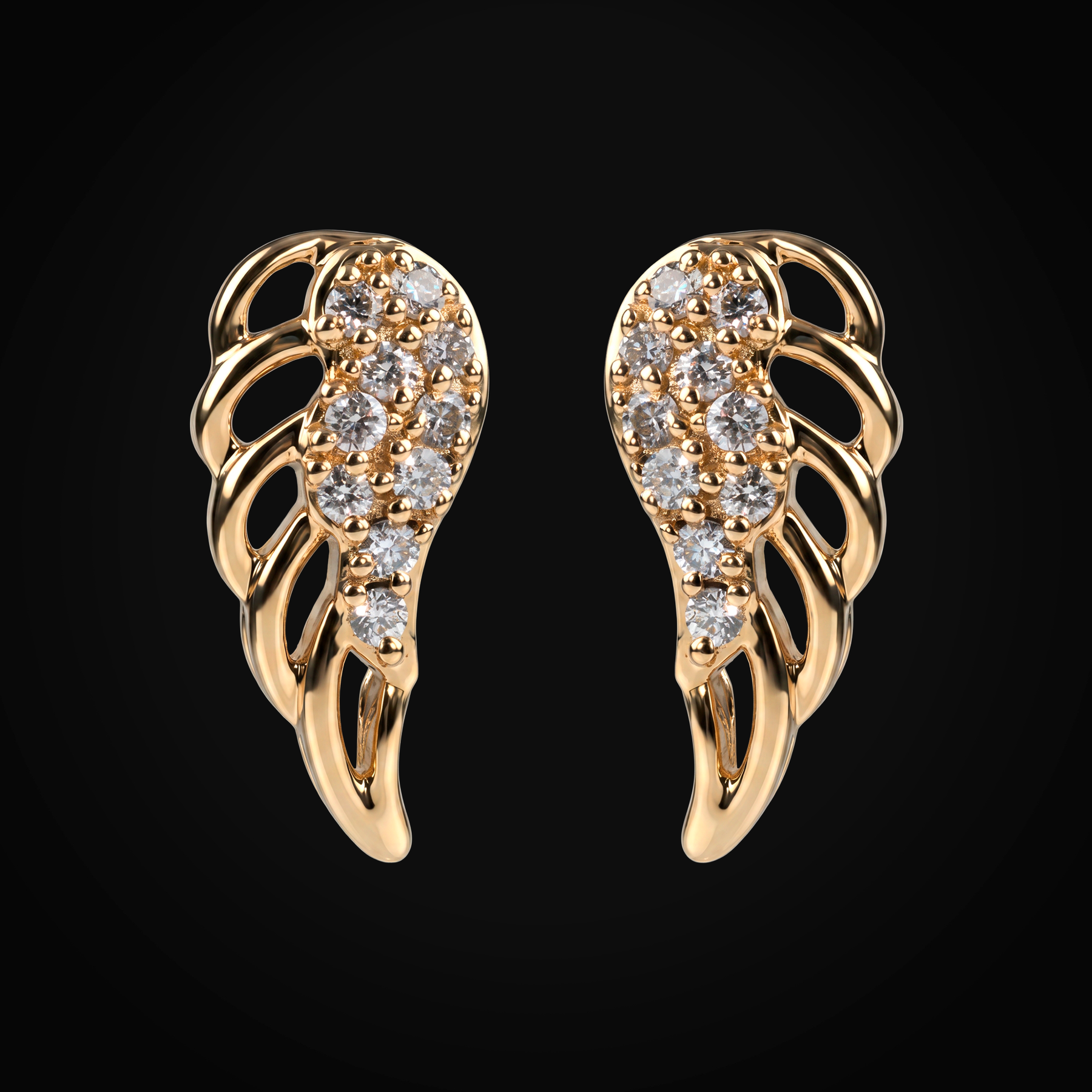 Broqueles 14k Oro Amarillo "Alas" Full Ice Plumas Huecas + Estuche