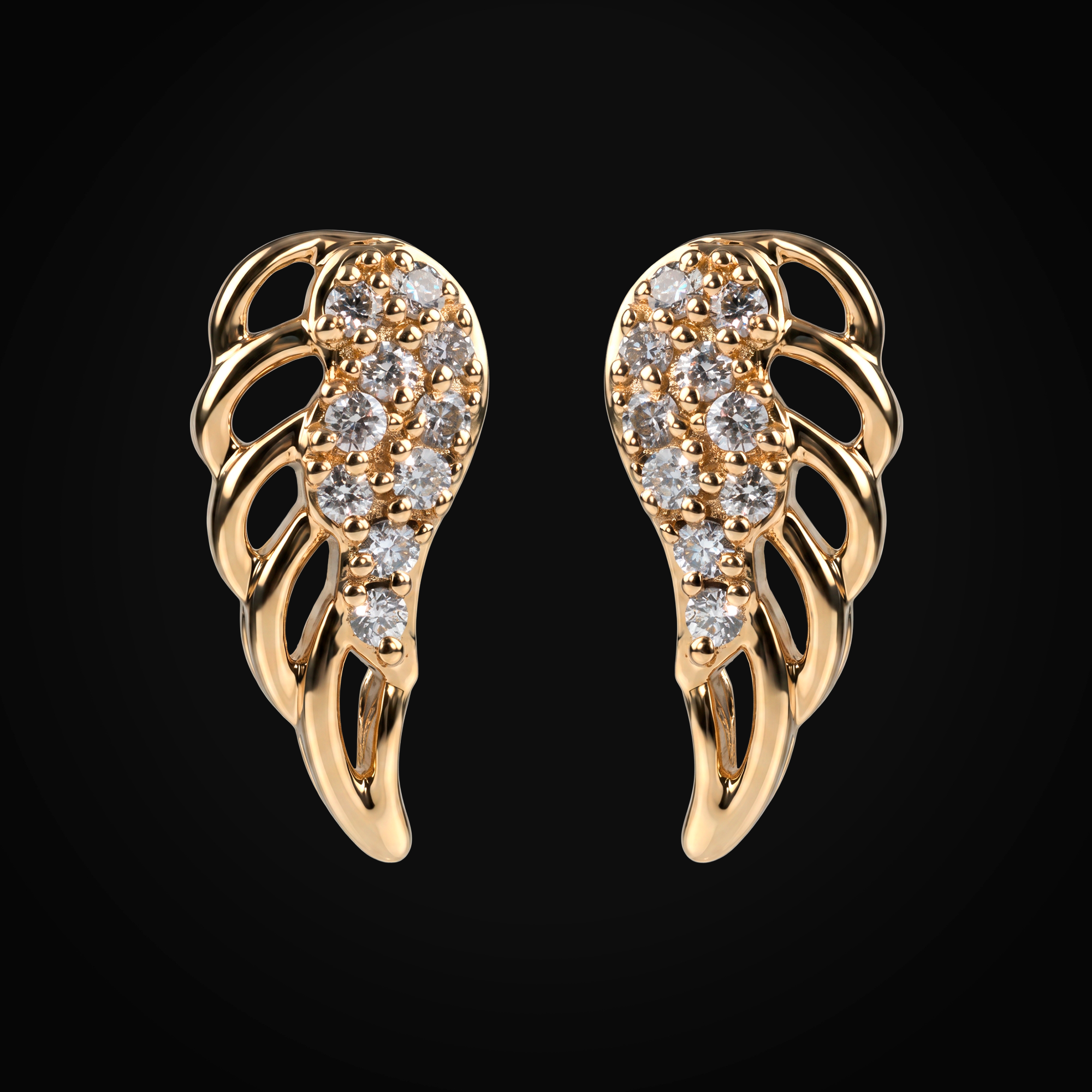Broqueles 14k Oro Amarillo "Alas" Full Ice Plumas Huecas + Estuche