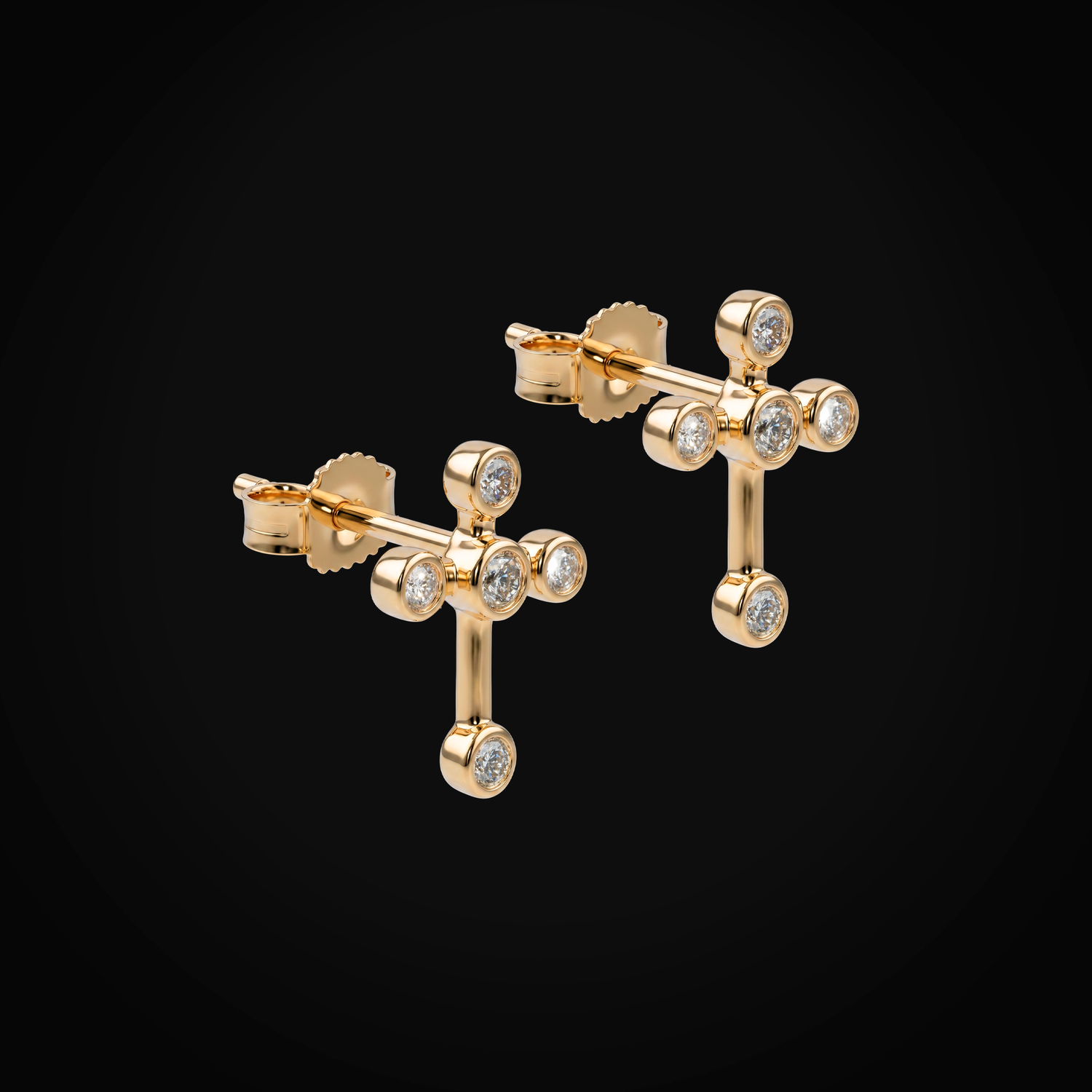 Broqueles 14k Oro Amarillo Cruz Con Cinco Diamantes + Estuche